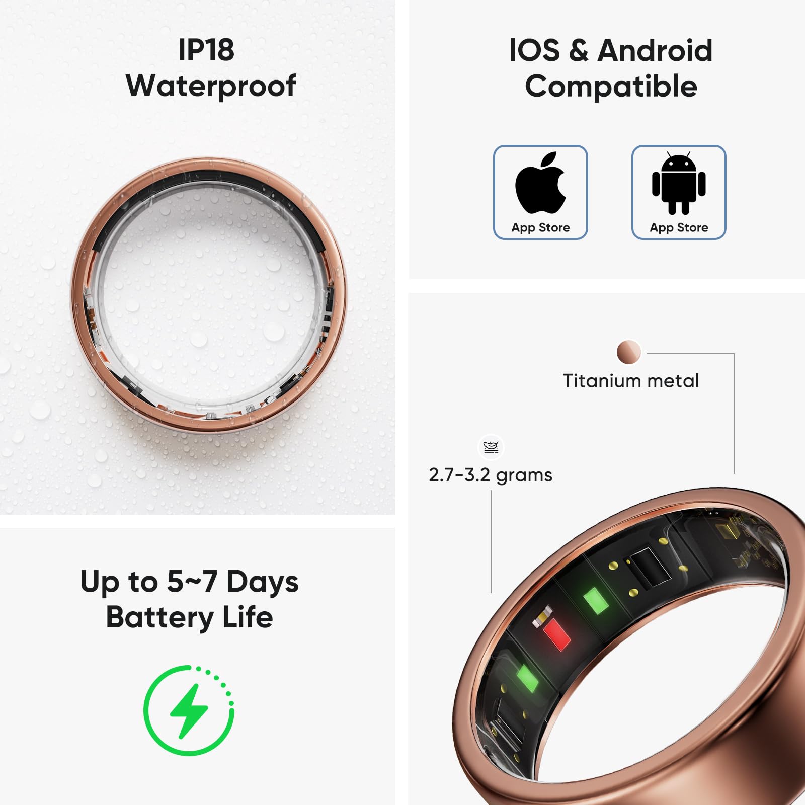 Bague intelligente en titane pour homme et femme - Ultra légère (2,7 à 3,2 g), batterie de 4 à 6 jours, étui de 500 mAh pour 3 recharges, traqueur de santé et de fitness (or rose 8)