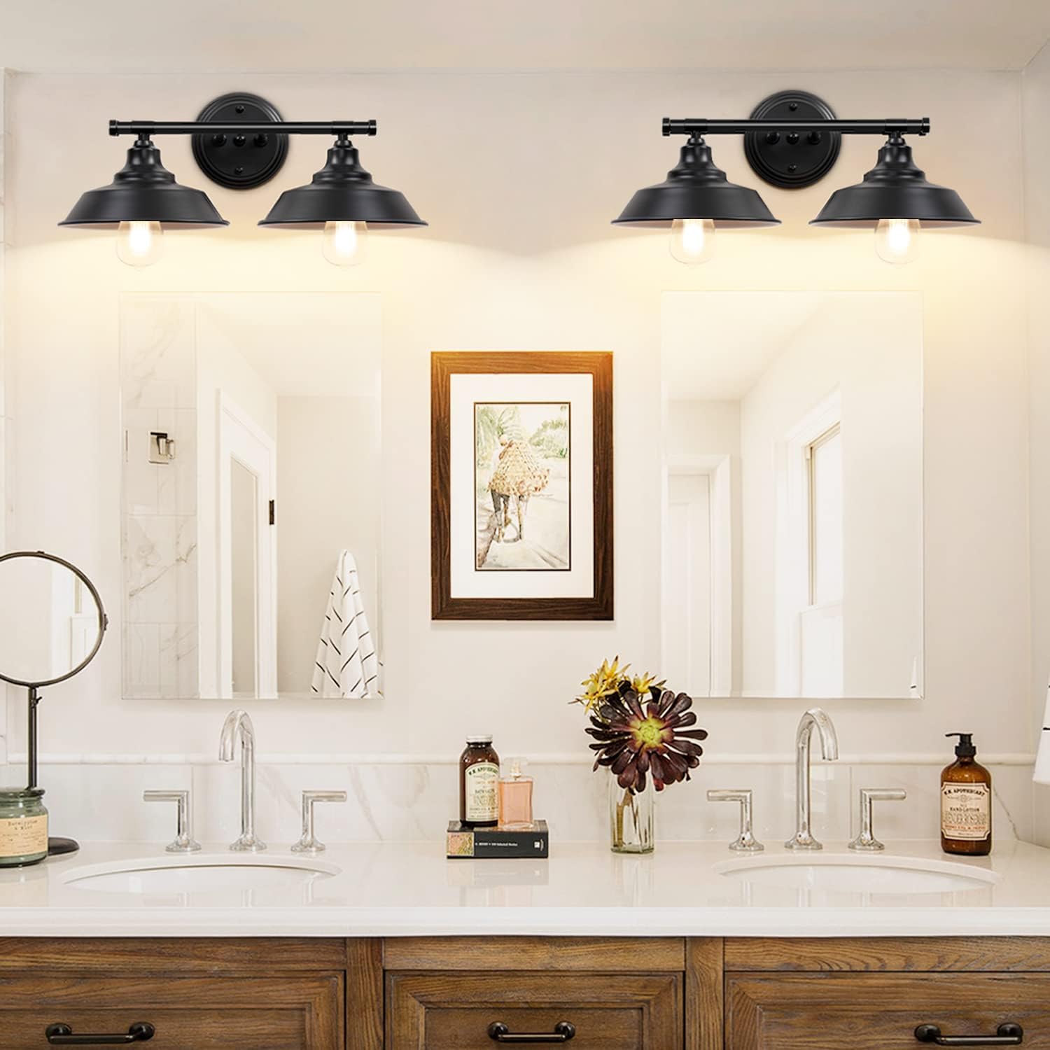 2-Light Farmhouse Vanity Light, 20” Black Bathroom Wall Sconce for Over Mirror, Rustic Metal Vanity Lighting Fixture