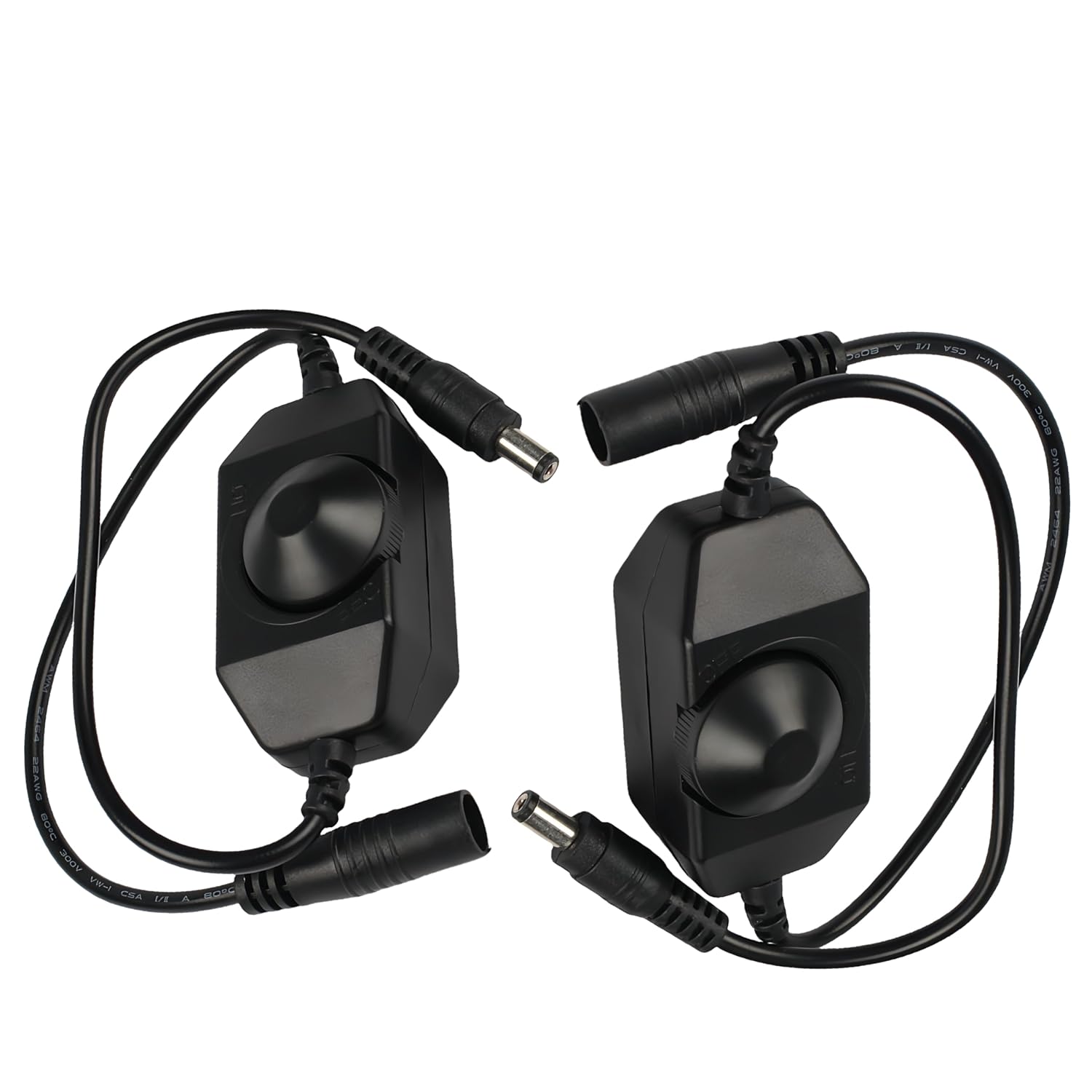 DC 12V 24V LED Strip Dimmer Switch 2Packs with 5521DC Male and Female Extension Cord with Rotary Switch Controllerfor LED Strip,Black,12V 24V LED Strips