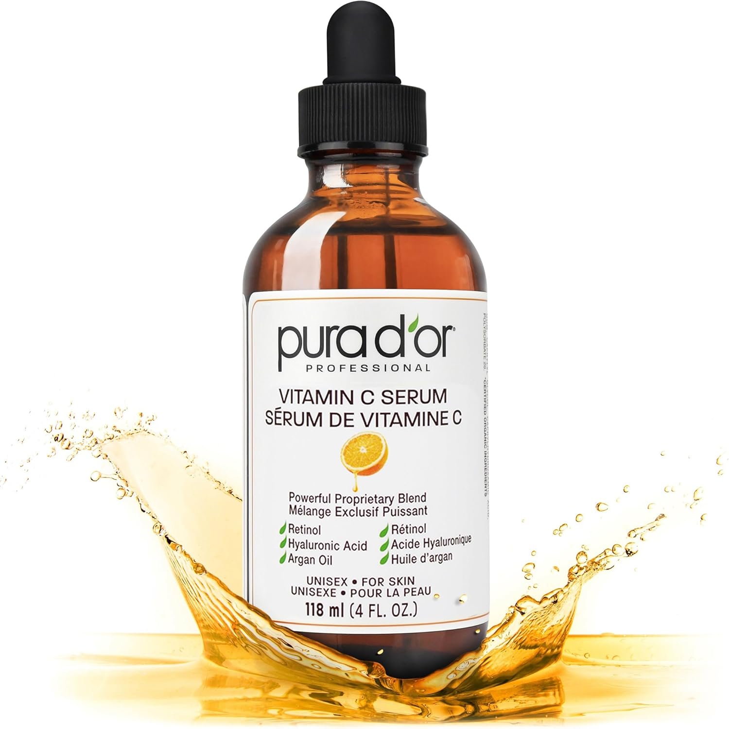 PURA D’OR Vitamin C Serum 4 Oz (118 ml) Lightweight Maximum Strength Formula, Hyaluronic Acid, Retinol, for Face & Eyes, For Men & Women PURA D’OR Vitamin C Serum 4 Oz (118 ml) Lightweight Maximum Strength Formula, Hyaluronic Acid, Retinol, for Face & Eyes, For Men & Women