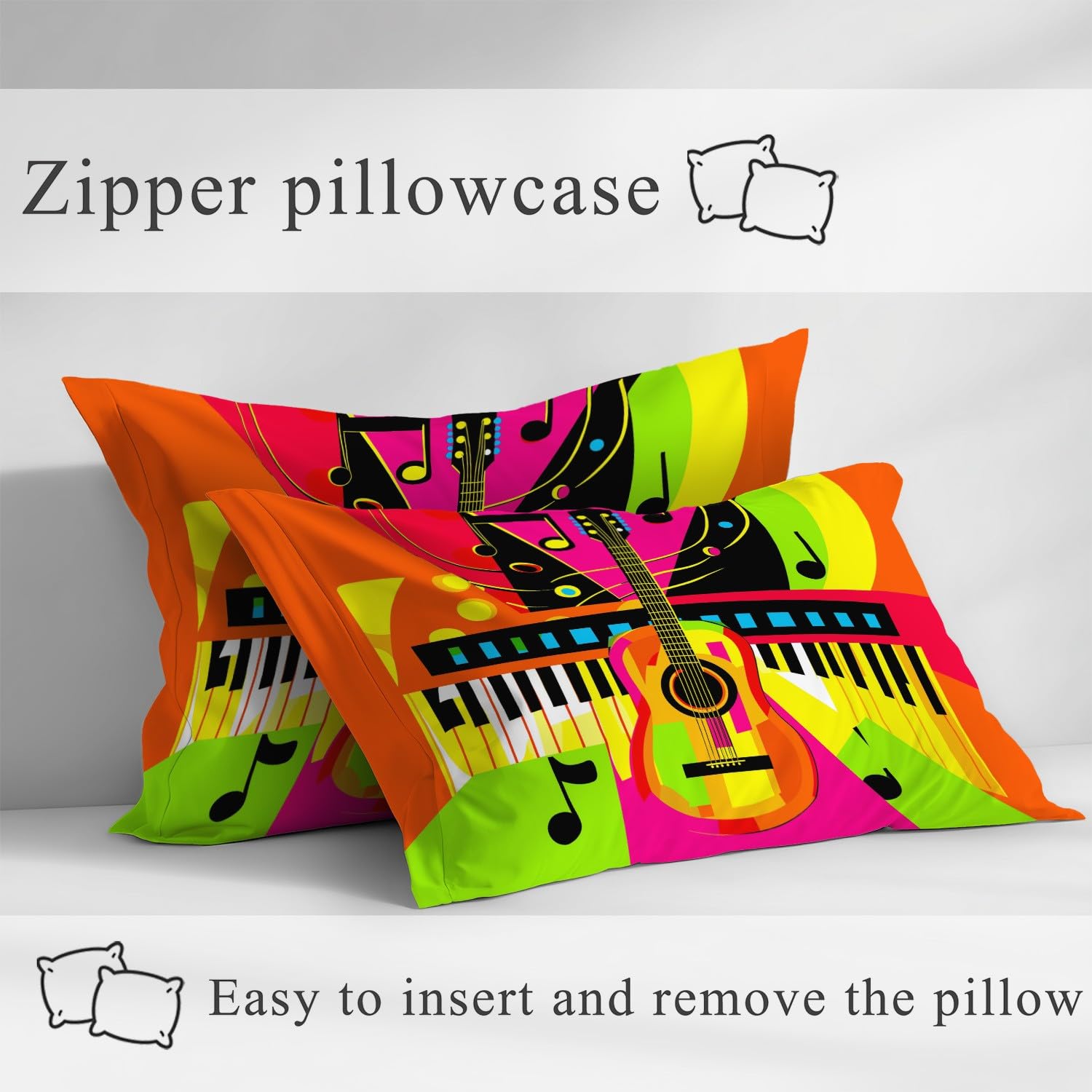 Rock Music - Sábana bajera ajustable (90 x 200 x 30 cm, 2 piezas, diseño pop art de guitarra, piano, juego de sábanas para niños, adolescentes y adultos, suave microfibra, decoración