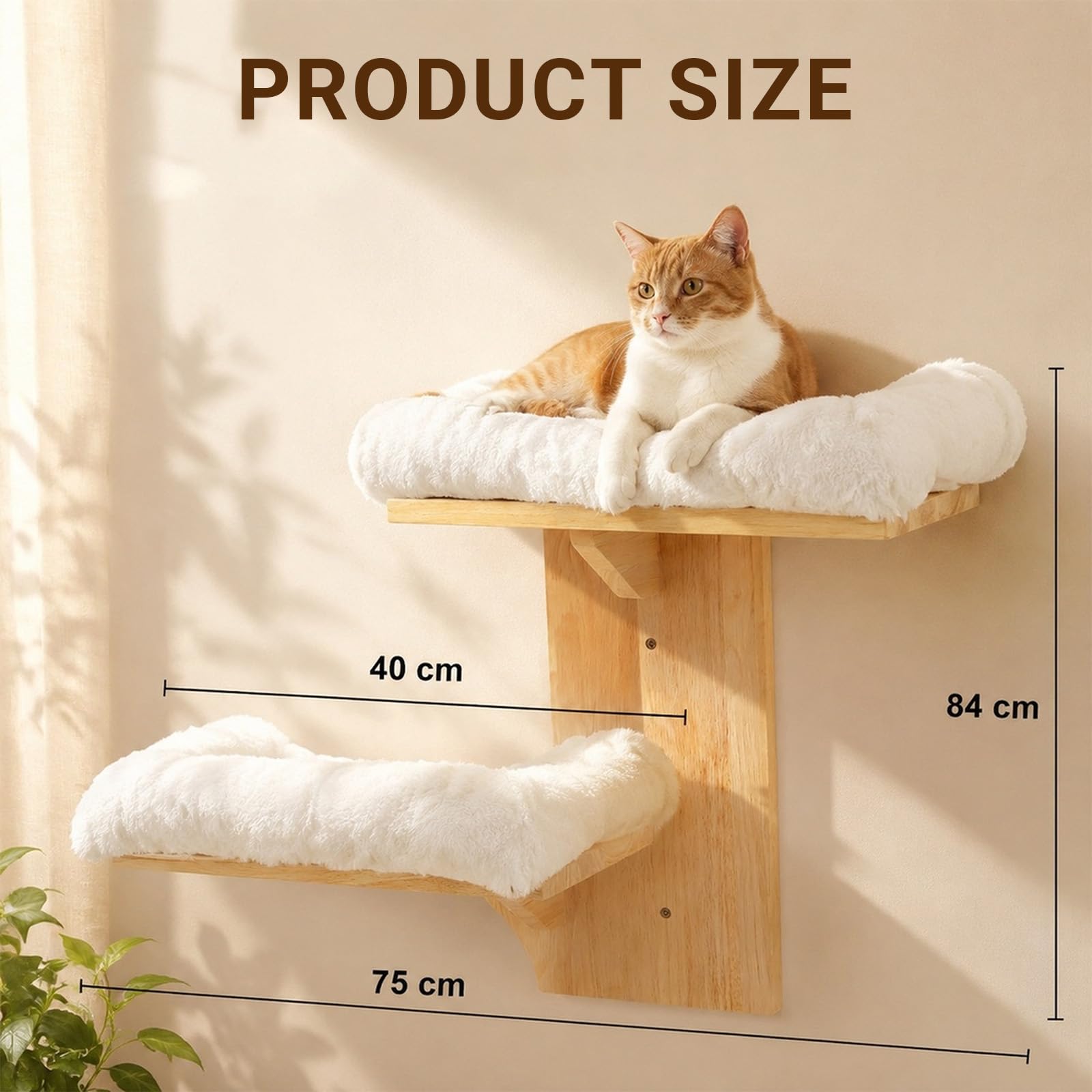 Kletterwand Katzen mit 2 Plattformen, Katzen Kletterwand aus massivem Kiefernholz, Wandmontierte Katze mit Sisalmatte – sicherer Halt für Klettern, Spielen & Ausruhen (Plüsch)