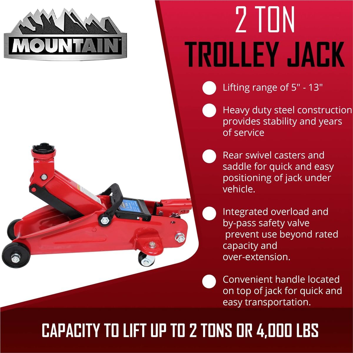 Mountain 22007 2 Ton Automotive Trolley Floor Jack for Garages, Repair Shops and DIY, Portable, Compact, 4,000 lbs. Capacity, Hydraulic Lifting Range 5" - 13", Heavy Duty Steel, Safety Valve, Red