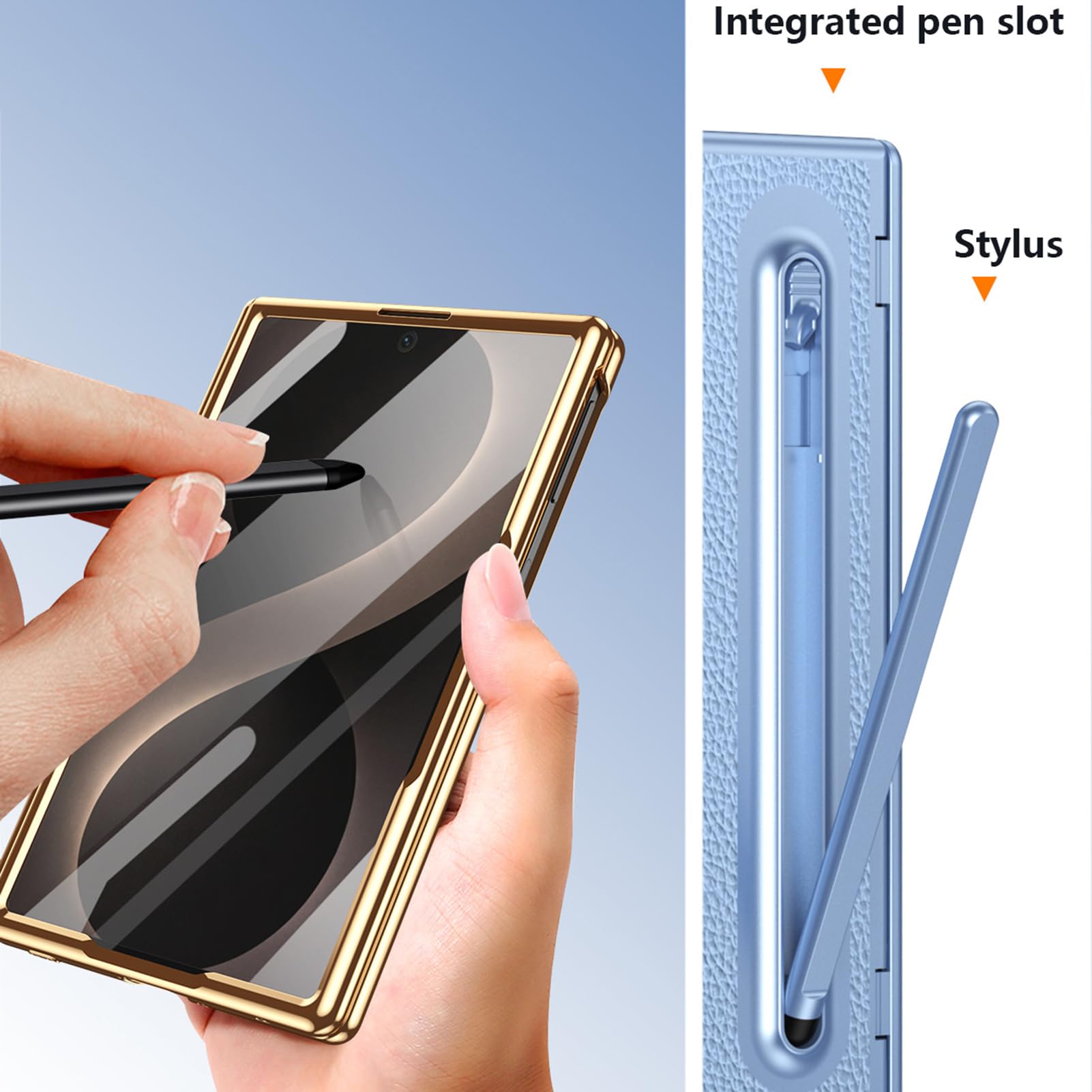 Per Samsung Galaxy Z Fold 8 Custodia Placcata, Stand, Penna, Cerniera | Cover leggera di lusso con stand nascosto e penna. Placcata, anti-macchia, assorbimento urti(Brass)