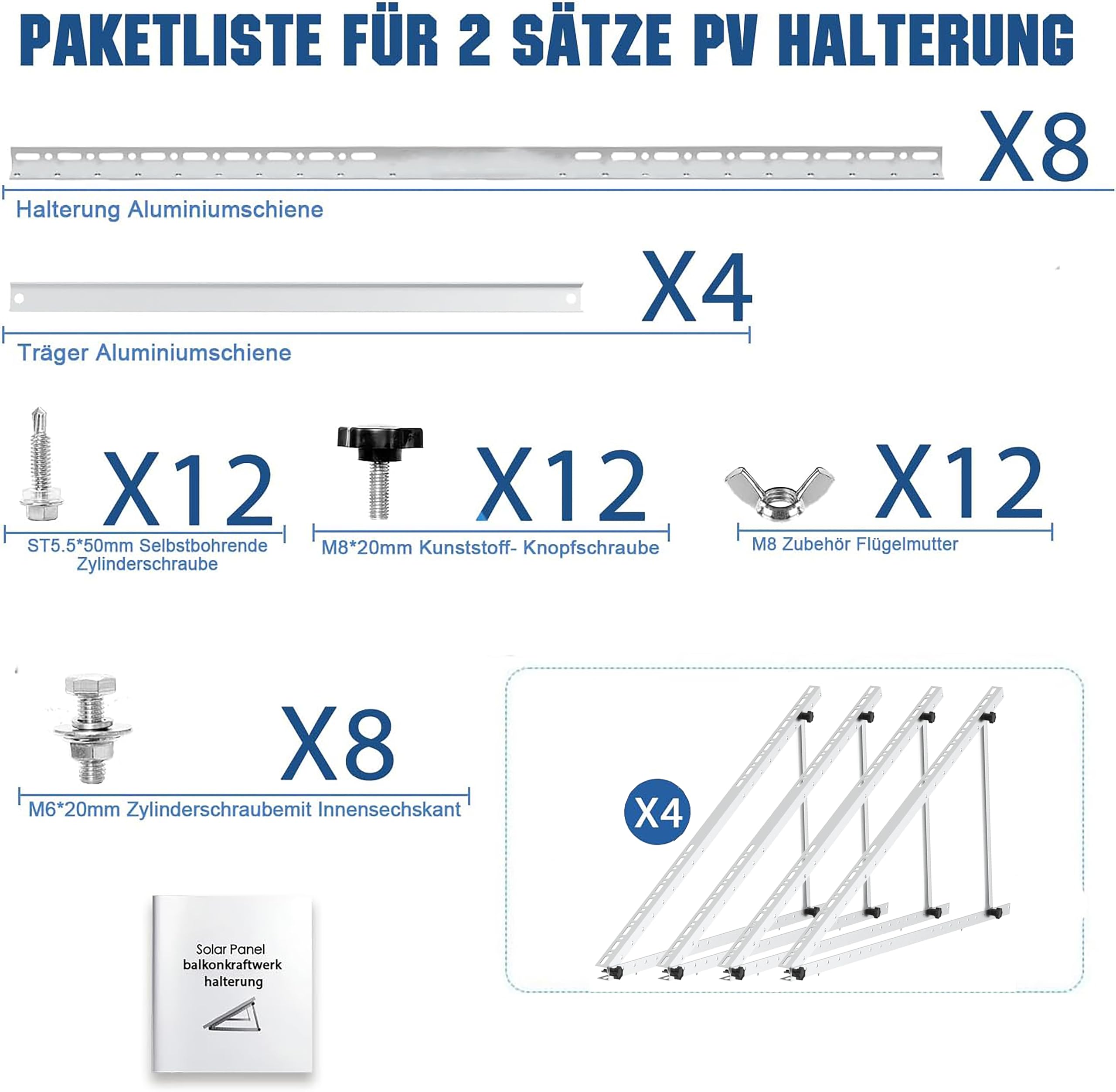 Solarpanel Halterung Flachdach, 114 cm Solarmodul Halterung, Balkonkraftwerk Halterung für Solarpanel 100W-800W Winkel Einstellbar 0-90° für Dachhalterungen, Pv Modul Solarmodule 2 Paar