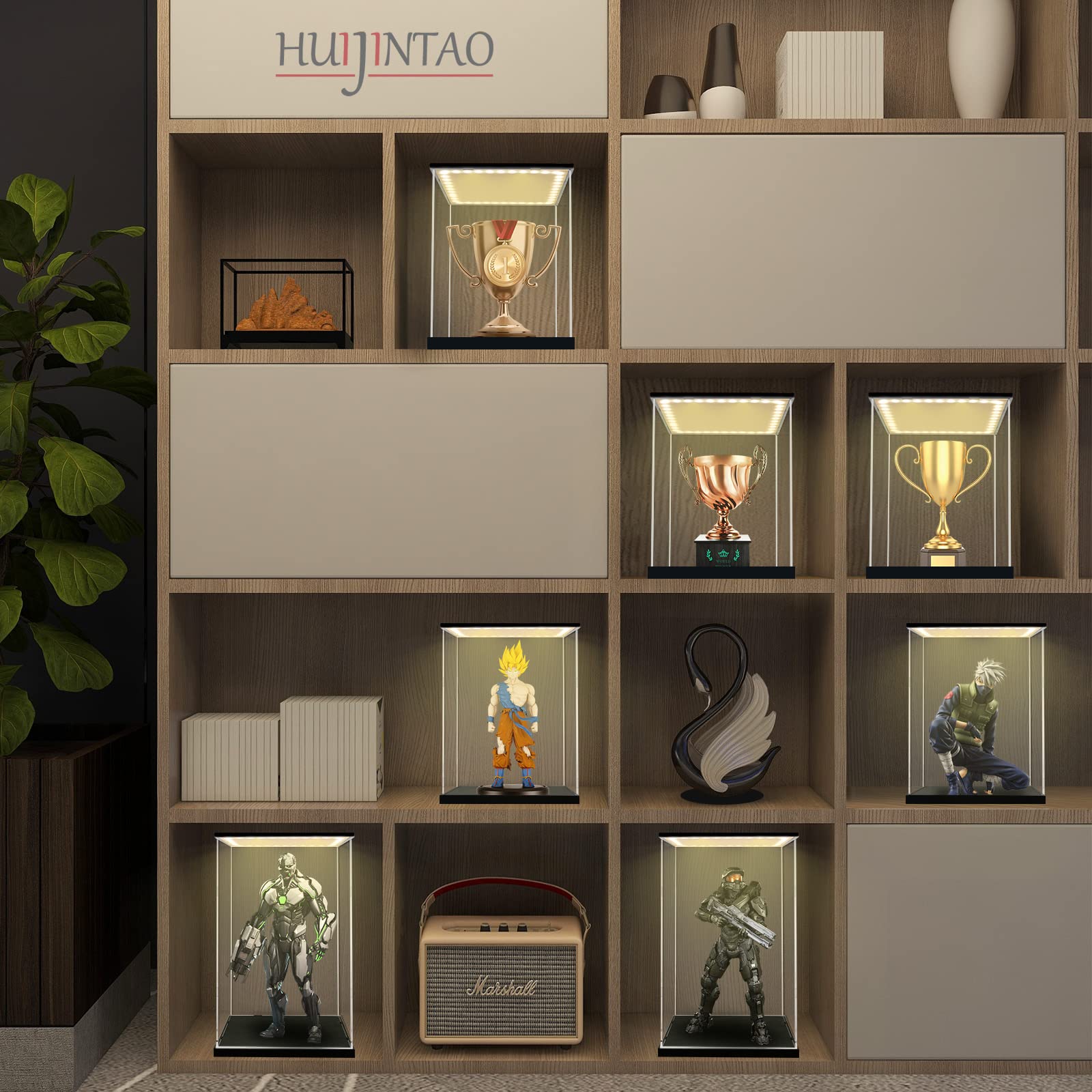 Huijintao display case for collection, acrylic box, transparent figurine display case, acrylic glass display case for collection, figurine, miniature cars | with LED lighting (20x20x35cm