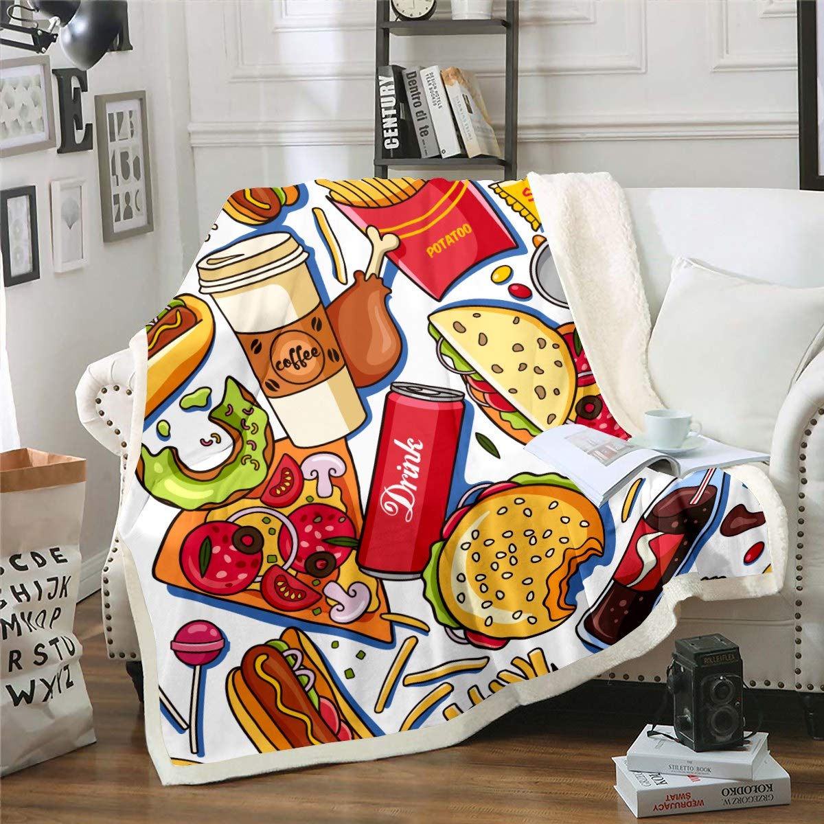 Loussiesd Colour33 Hamburger Sherpa Blanket Food Theme Blanket For Couch Travel Sofa Pizza Hot Dog Fleece Blanket Ultra Soft Fsat Food Fuzzy Blanket Room Decor Plush Throw Blanket 50"X60"