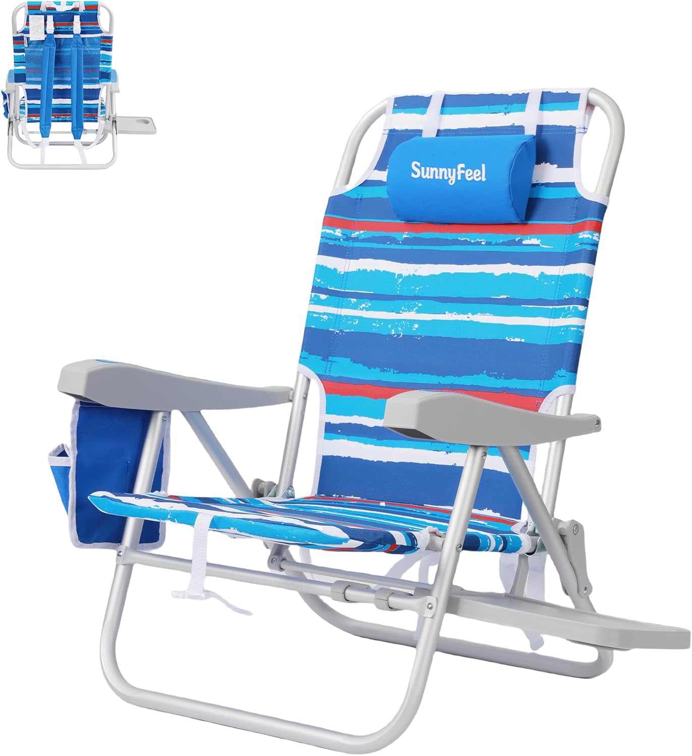 SUNNYFEEL Portable Beach Chair, Lightweight Beach Chair for Adults, Folding Camping Chair with Side Table & Organizer Bag, 3 Position Adjustable, 300lbs Heavy Duty, Low Back, Blue Stripes