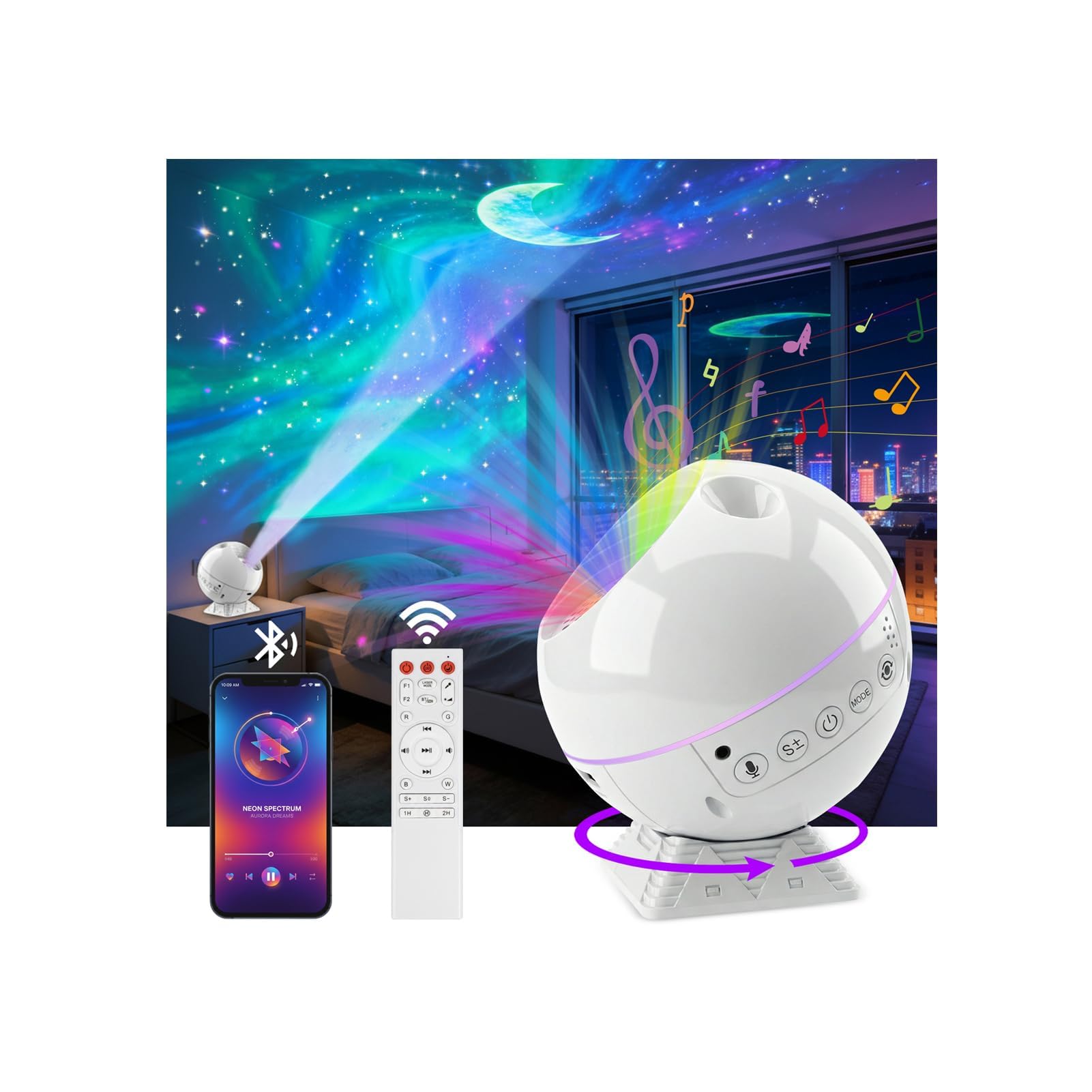 iFunSky Northern Light Galaxy Projector, LED Projector Night Light with Timer/Remote Control/Music Sync for Home Decoration Bedroom Decor Room Decor, Birthday Gifts for Women Presents for Kids