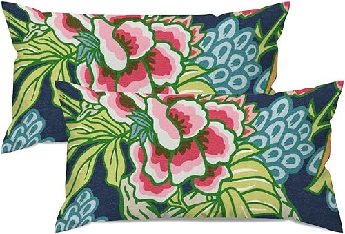 Miniatura 5 de Juego de 2 fundas de almohada con diseño floral de peonía Honshu de color azul y verde, asiática, 12 x 24 pulgadas, fundas de almohada lumbares