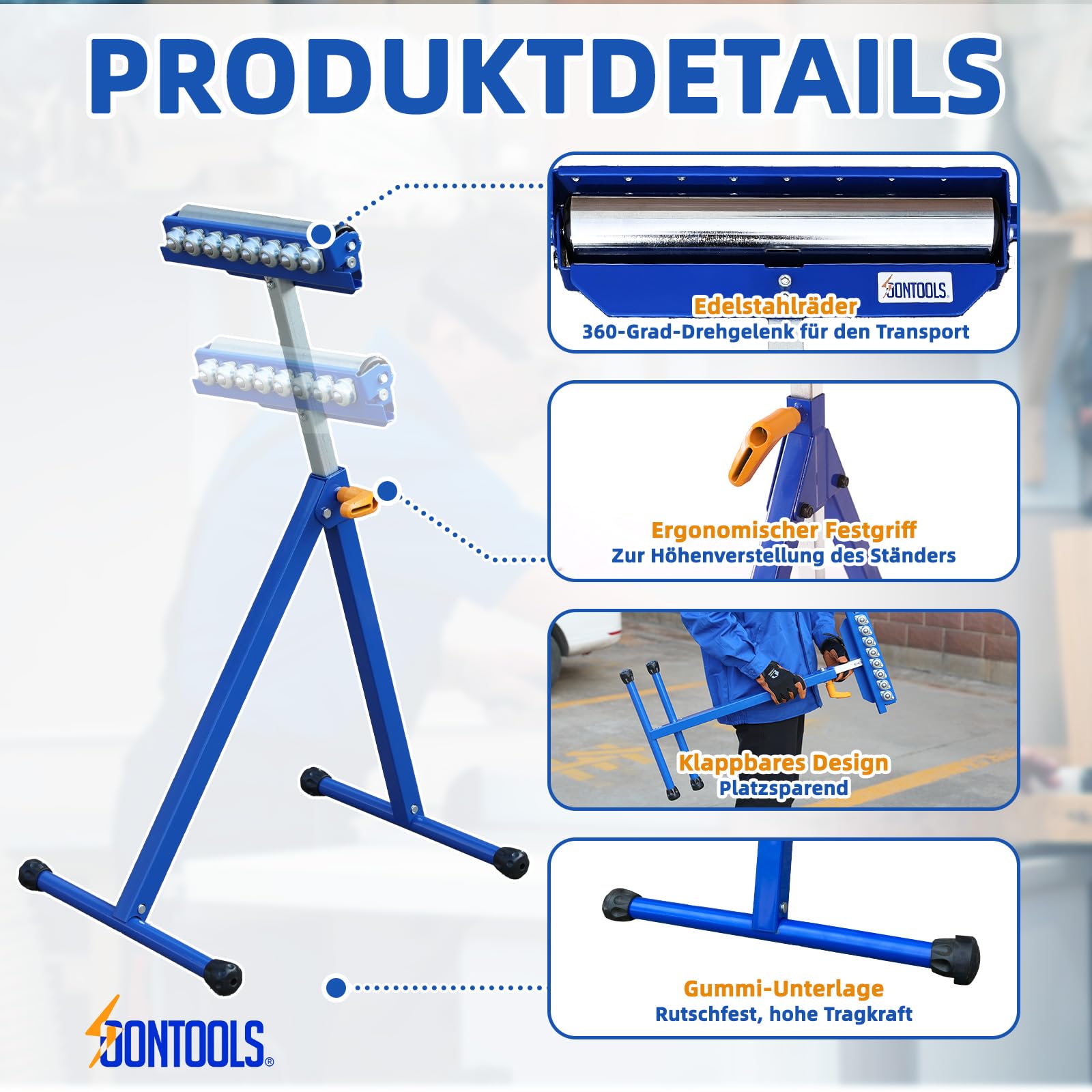 SoonTools 3-in-1-Rollenständer Für Die Holzbearbeitung, 60kg Tragfähigkeit, | Höhenverstellbar 68-112 cm, Robuster Klappständer Aus Edelstahl, Für Tischsäge, Gehrungssäge