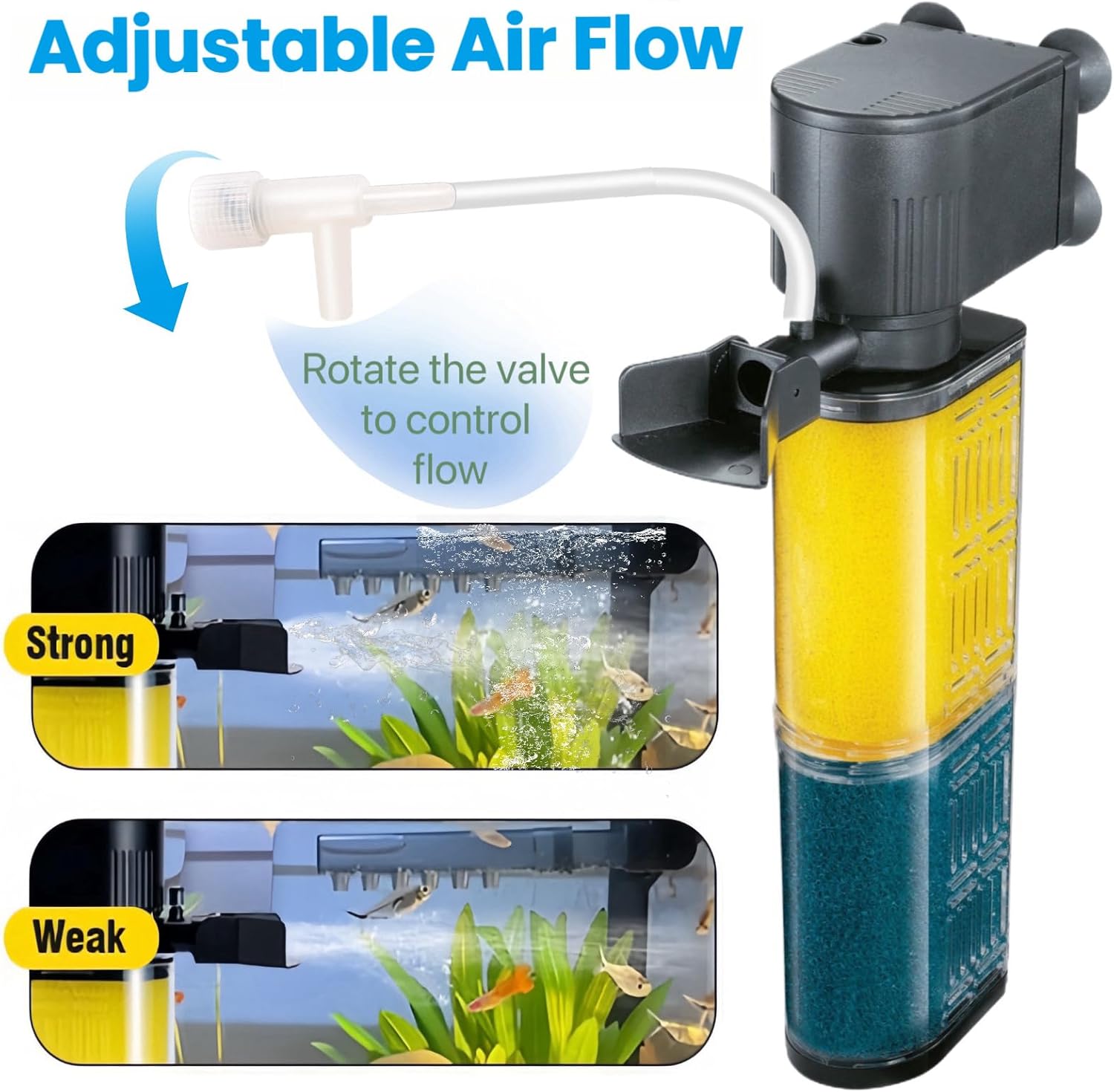 Fish Tank Filter, Ultra Quiet 400GPH Submersible Sponge Filter for 30~100 Gallon Aquariums – Easy-Clean Bio Sponge, Crystal Clear Water, Powerful Pump, Adjustable Airflow for Fish & Turtle Tanks