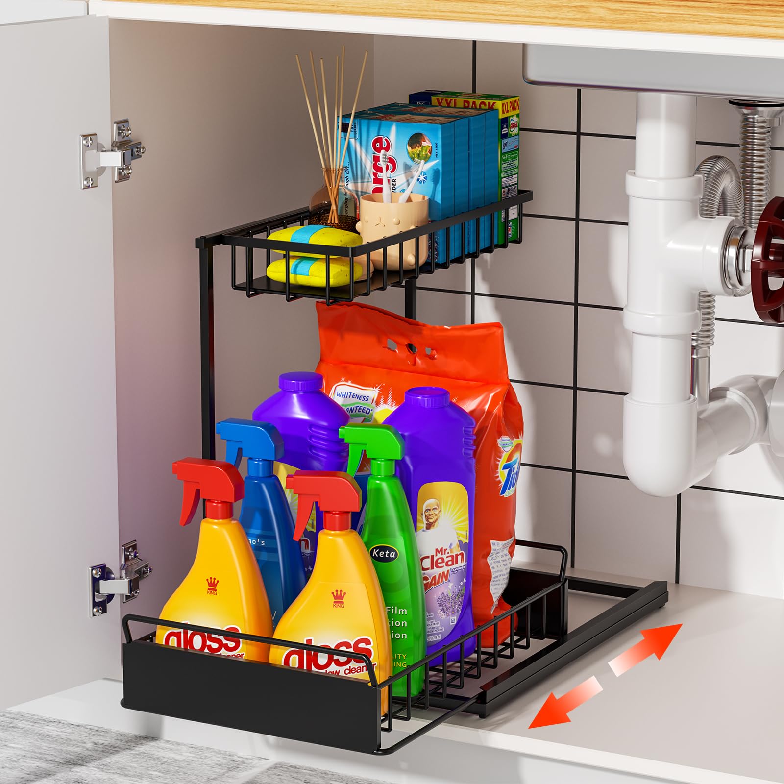 ClearStorage Under Sink Organizers and Storage, 2 Tier Under Sink Organizer Pull Out Sliding Under Bathroom Cabinet Organizer with Non-Slip Feet for Kitchen Cabinet bathroom sink Organizer (BLACK)