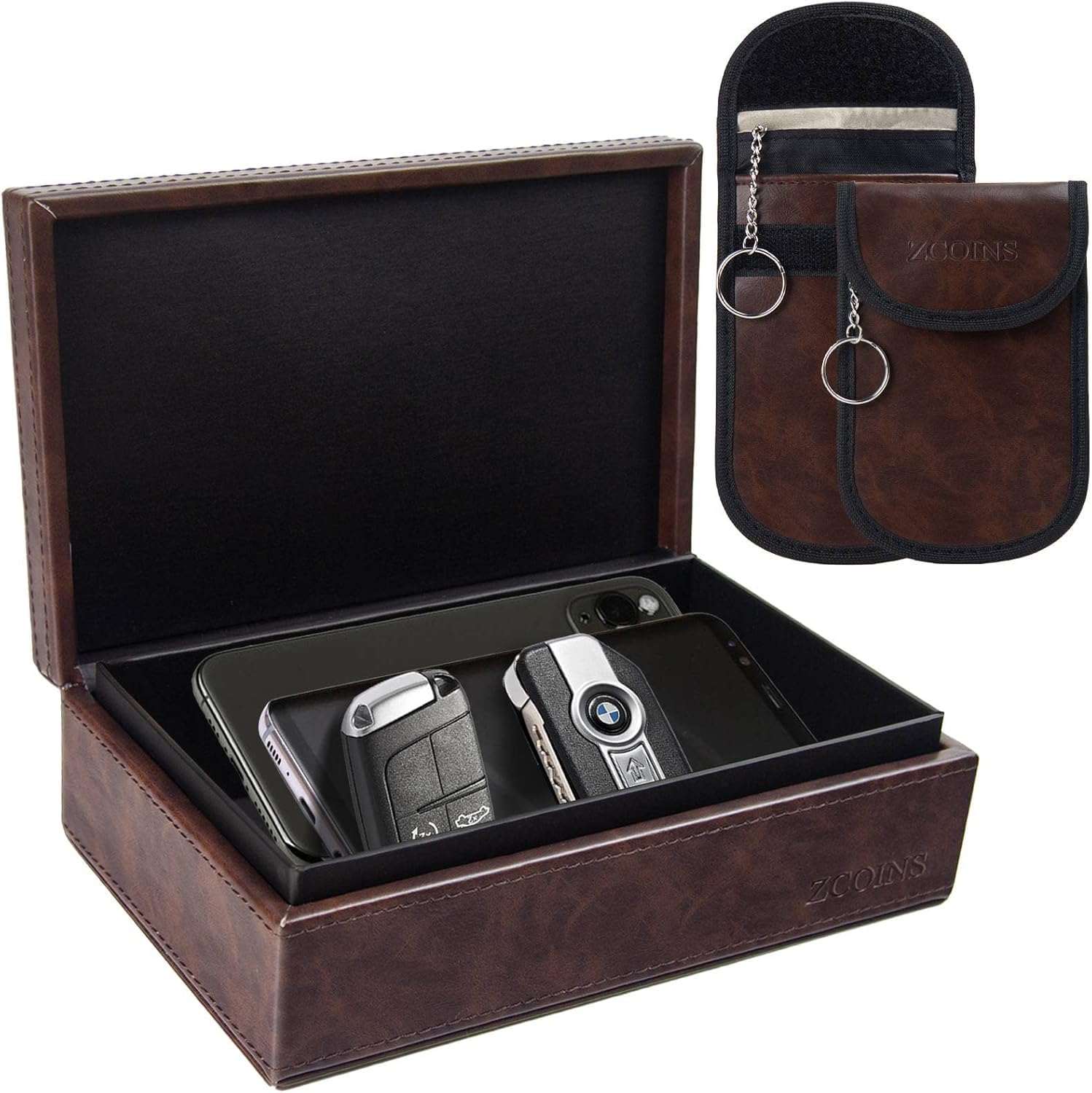 ZCOINS Faraday-Box & 2 zweischichtige Taschen Value Bundle, Autoschlüssel-Signalblocker-Box, RFID-Blocker-Set, schützt jeden Autoschlüssel mit Faraday-Schutz-Braun