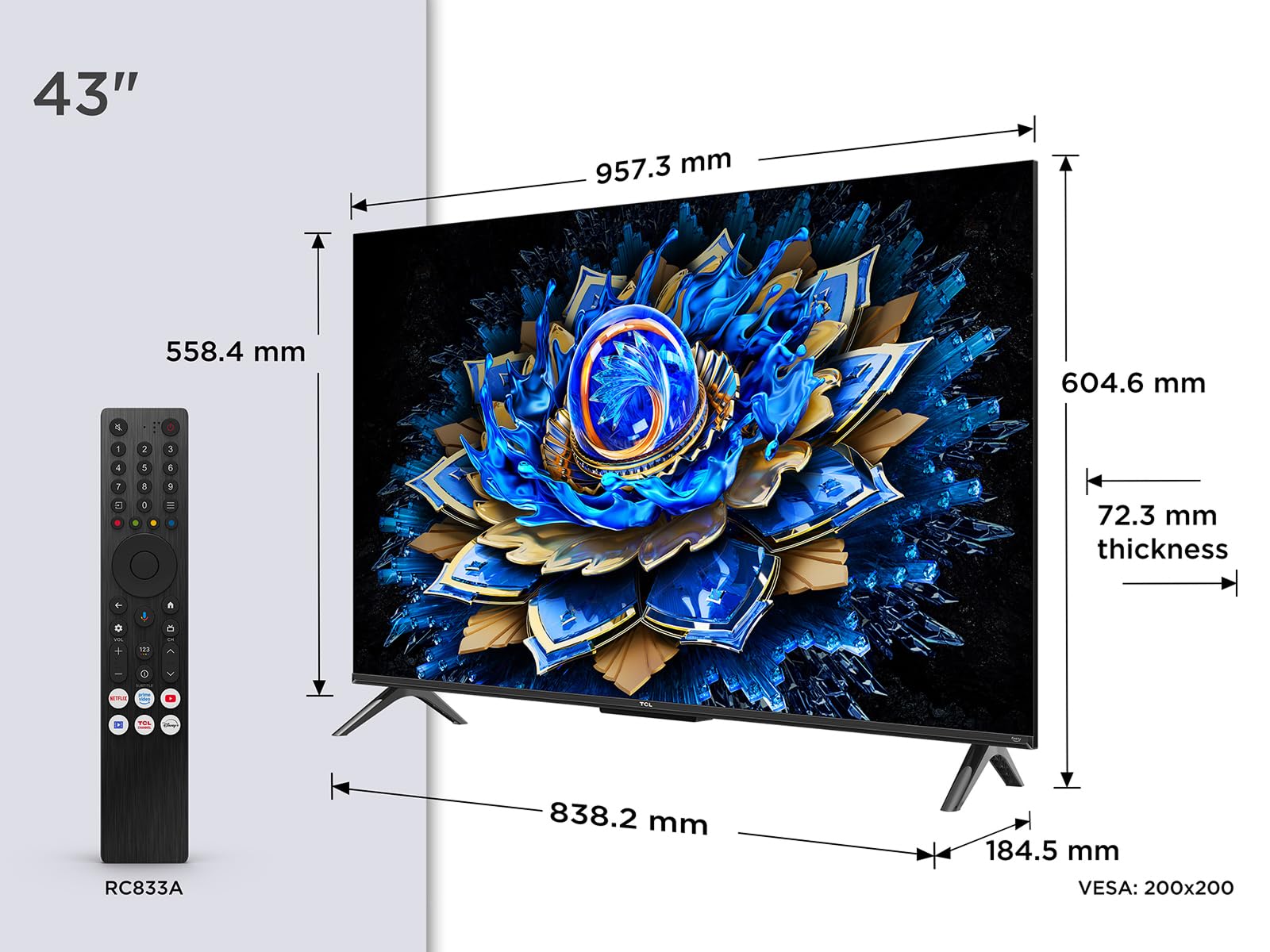 TCL 43T69C 43 Zoll QLED, Direct LED TV, 4K HDR TV, Smart Google TV (Dolby Vision & Atmos, Game Master, Motion Clarity, Kompatibel mit Google Assistant & Alexa)