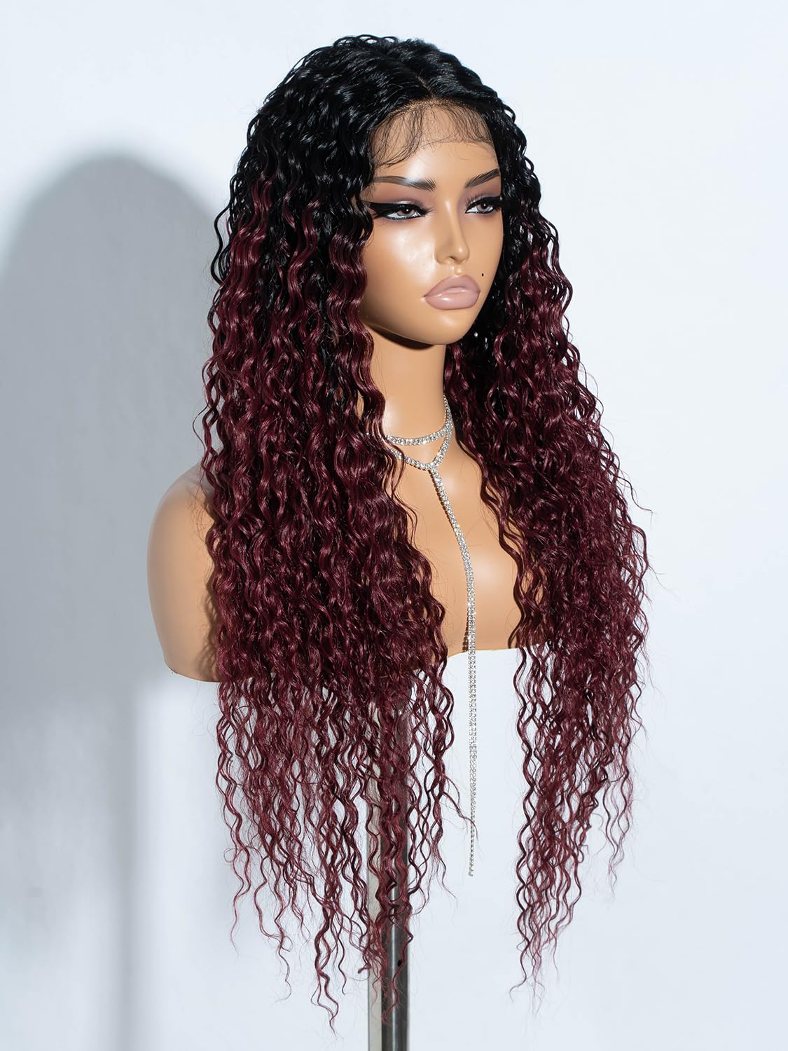 Joedir Long Deep Curly Wavy Lace Front Synthetic Wigs for Women Glueless Lace Wig 30 Inch Middle Part Natural Looking Heat Resistant Fiber Wig for Daily Party Use Ombre Wine Red - Image 2