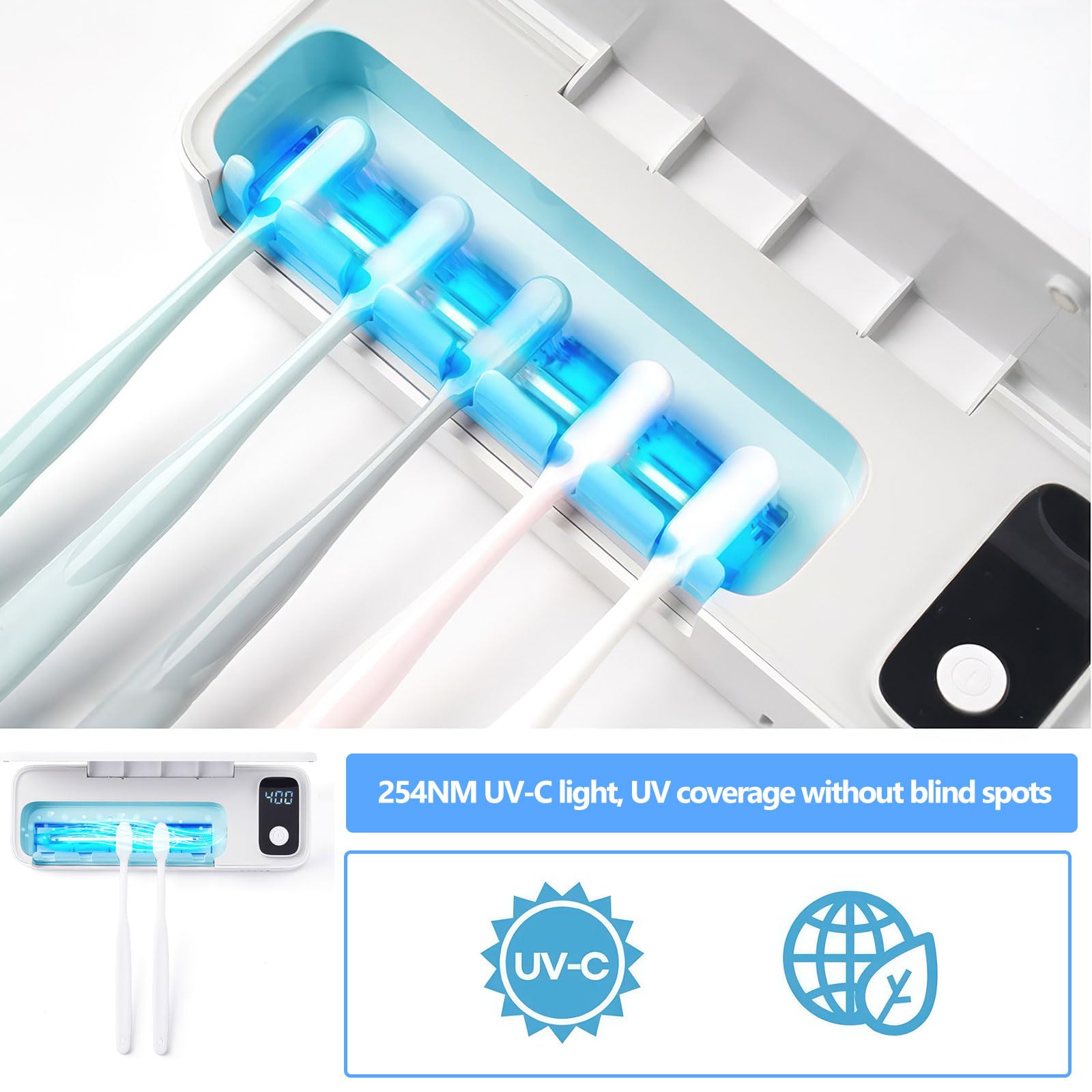 Igienizzante UV per spazzolino da denti, antibatterico, da parete, 5 slot, funzione timer, 2000 mAh ricaricabile, senza fili, montaggio a parete, bianco