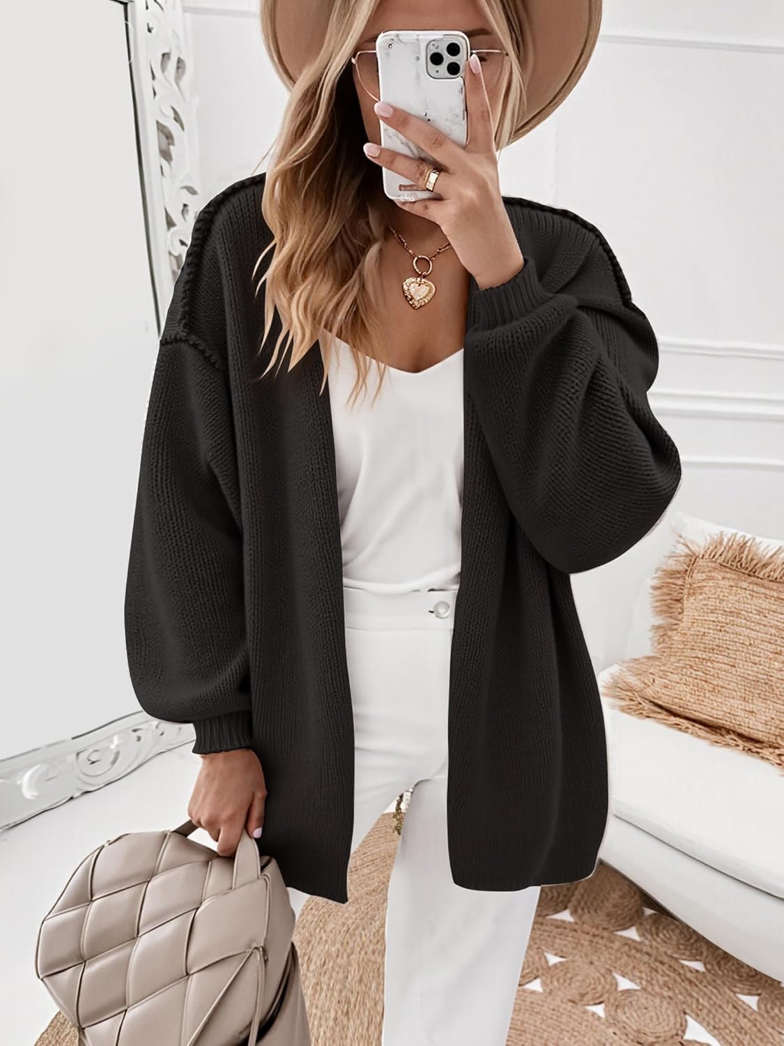 Women’s Oversized Knit Cardigan, Open Front Long Sleeve Chunky Sweater, Soft Cozy Beige Cardigan for Fall & Winter Layering - Image 3