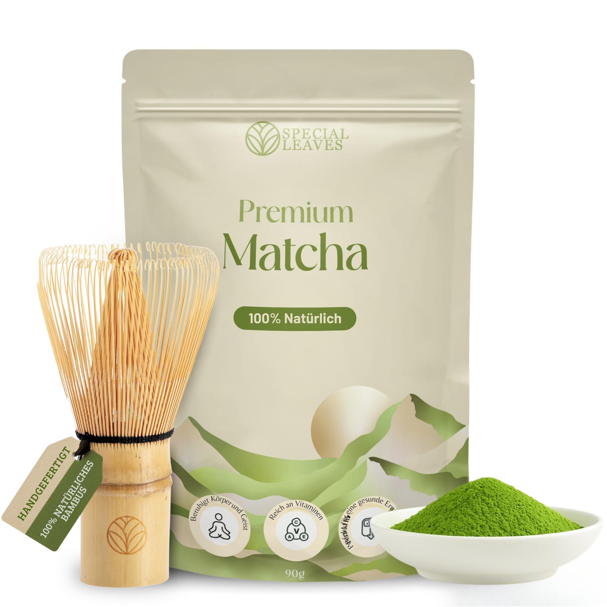Matcha Pulver & Matcha Besen - 90g -100% Natürlich & Fein Gemahlen Tee und Bambus Besen mit 100 Borsten - Premium Zubehör von Special Leaves