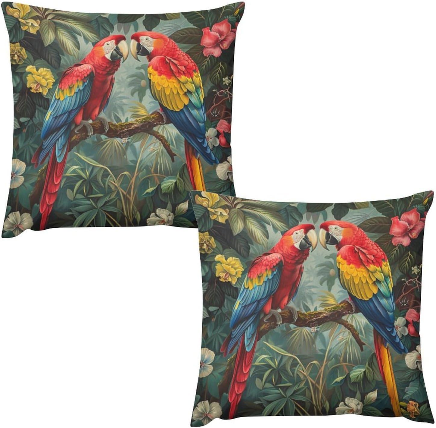 Pack of 2 Tropical Bird Parrot Throw Pillow Covers, Funny Jungle Leaf Floral Decorative Cushion Covers for Couch Sofa Bed Home Decor, 20x20 inch