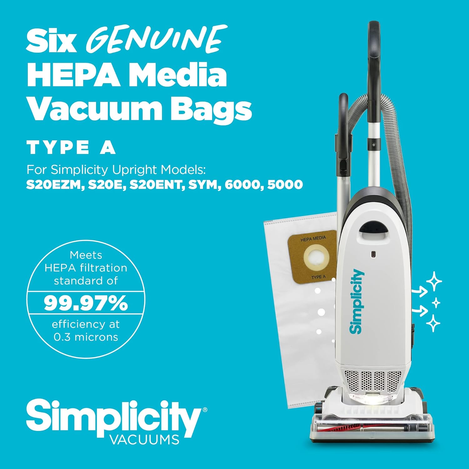 Simplicity SAH-6 Certified Hepa Vacuum Replacement Bags, Fits with S20EZM Allergy Upright Vacuum Cleaner, Symmetry and 6 Series, Type A Bags, 6-pack Set : Home & Kitchen