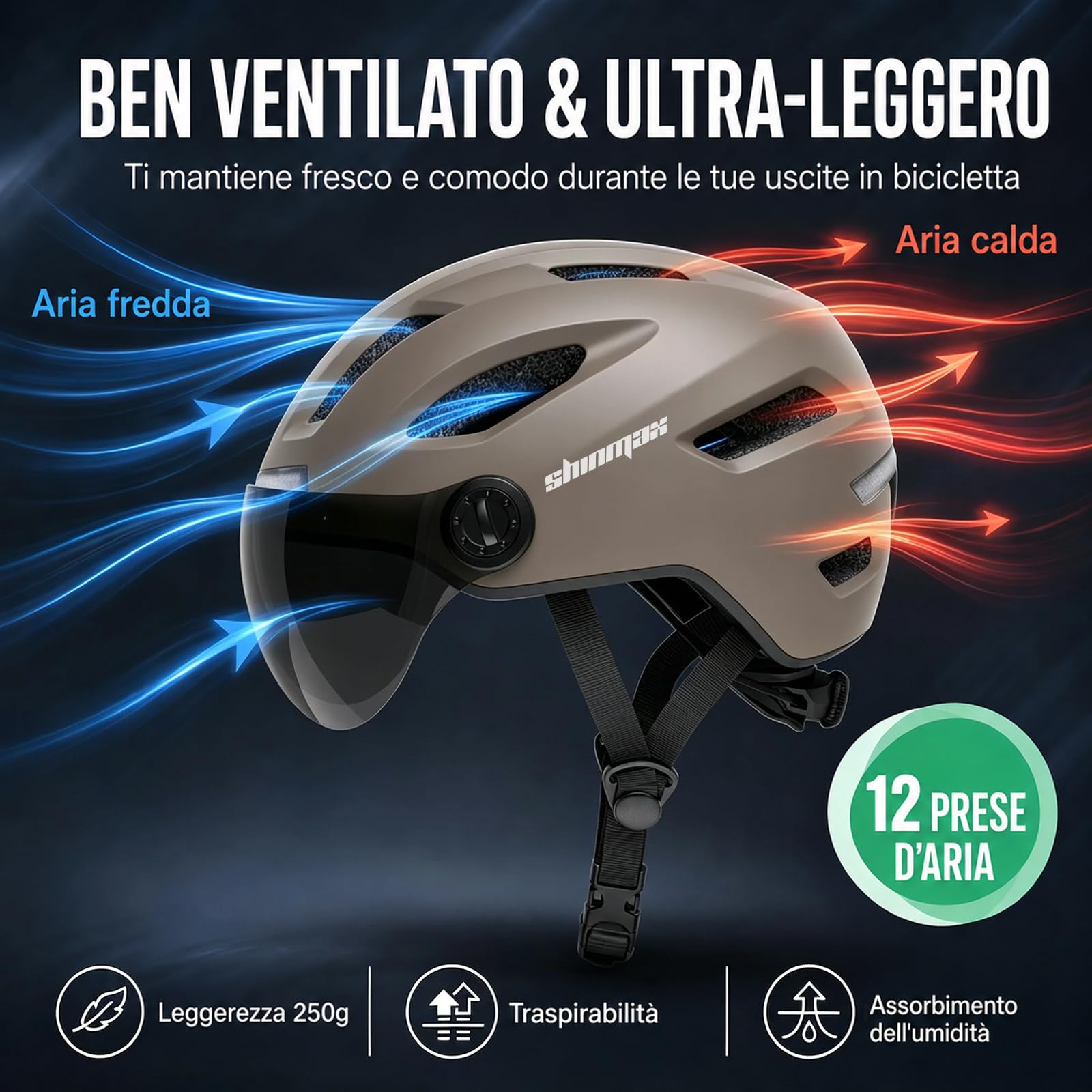 Shinmax Casco Bici Uomo Donna Luce LED Frecce Integrate Lucchetto