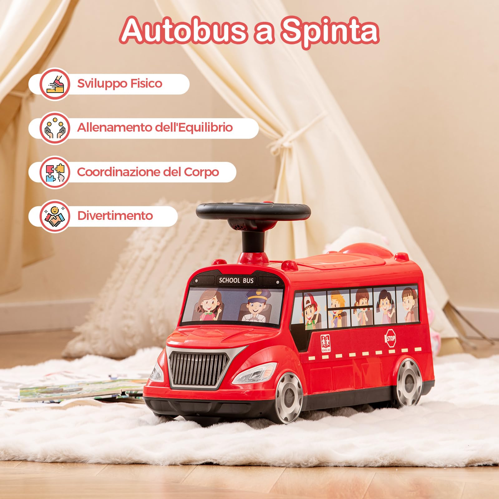 COSTWAY Auto a Spinta per Bambini, Autobus da Passeggio con Pulsante Musicale Comparto di Stoccaggio Blocco Antiribaltamento, Ideale per Bambini 19-36 Mesi