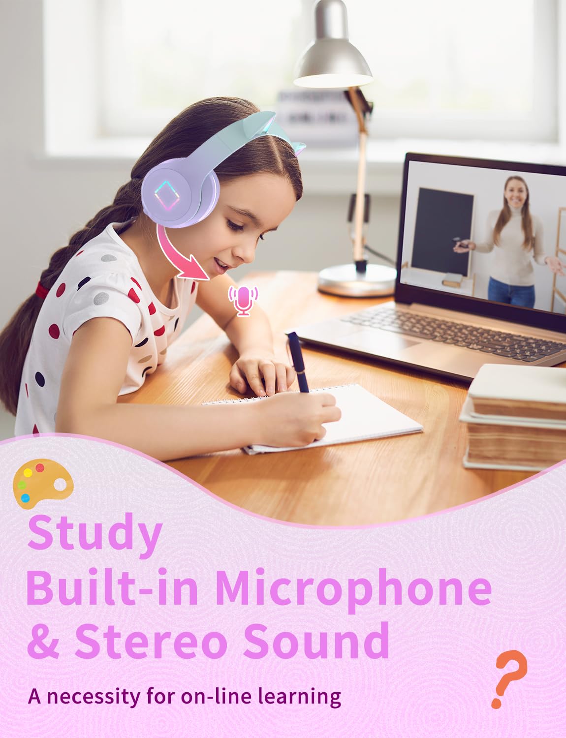 Xunpuls Cuffie Bluetooth per Bambini, Senza-Fili Cuffie Over-Ear, Con orecchie LED, Pieghevole, Con Microfono, Micro SD/TF, HD Stereo, Cuffie ragazze orecchie gatto per scuola/scrivania/PC/TV