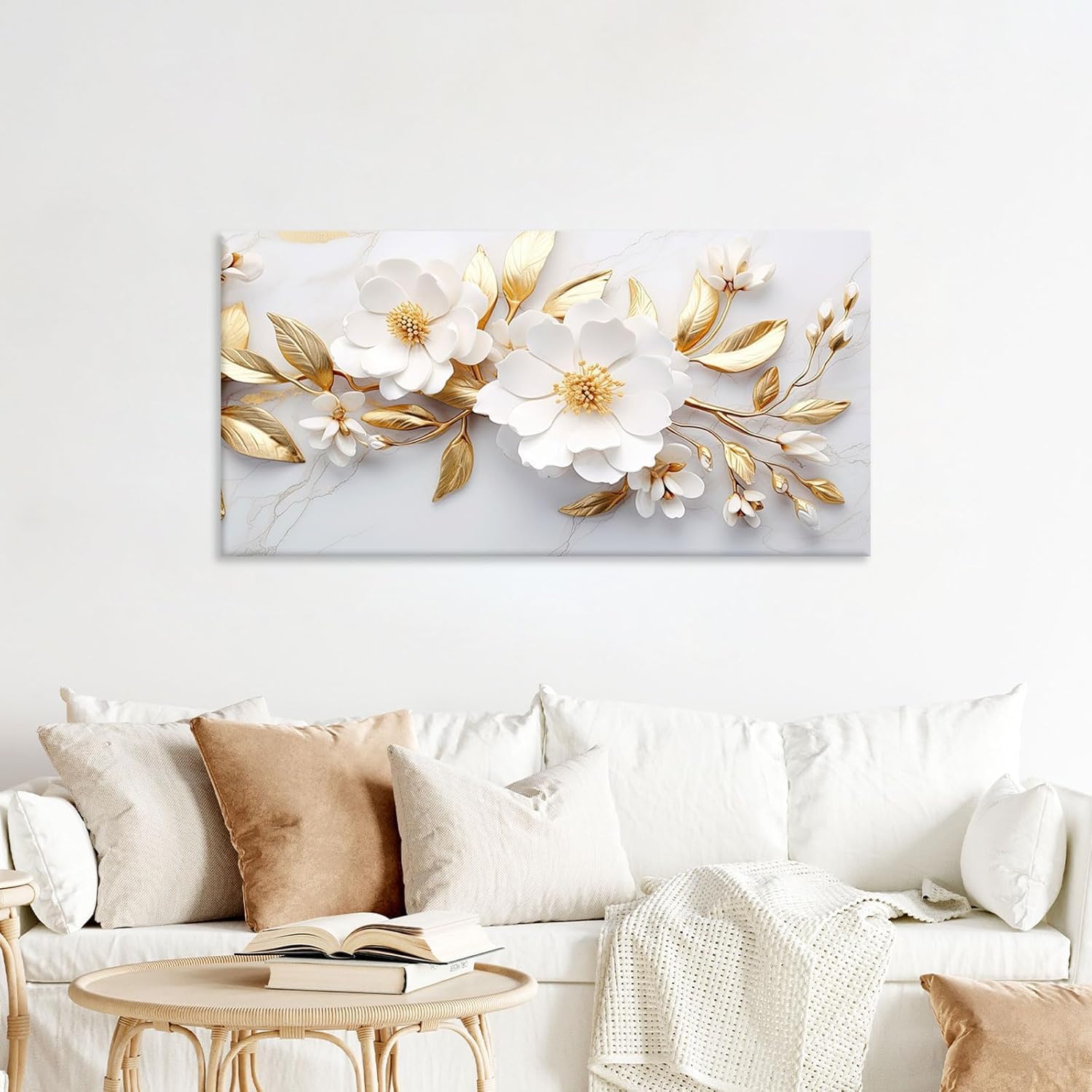 daktenn Large Canvas Wall Art for Living Room Bedroom Office White and Gold Flower Artwork Large Botanical Floral Wall Art Modern Canvas Prints 24x48 Inches