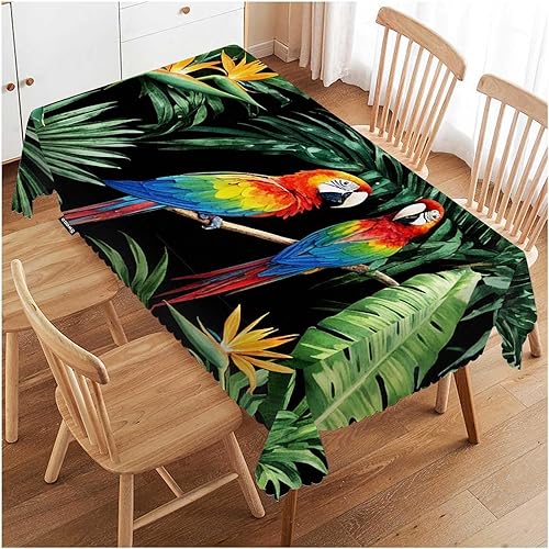 Swono Mantel de loro de 52 x 70 pulgadas, diseño de guacamayo tropical, hojas de palmera de la selva, mantel de comedor de granja, antimanchas, para