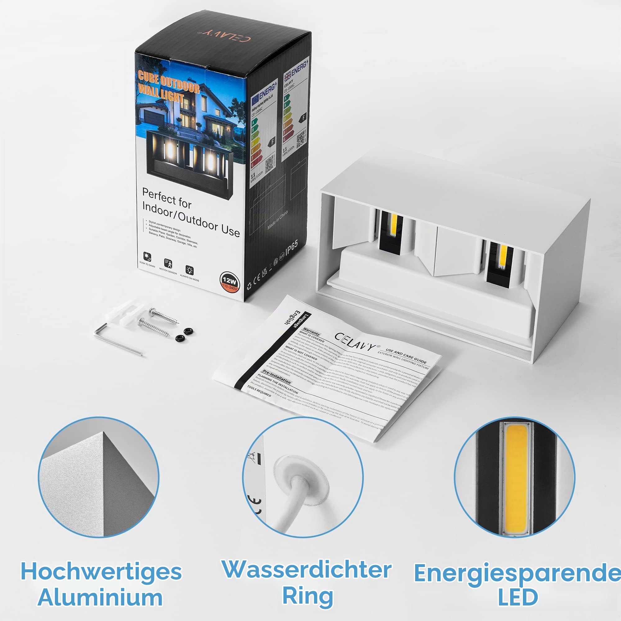 LED Wandleuchte Wandlampe innen aussen, Außenlampe Außenleuchte IP65 Modern Aussenleuchte UP Down Außenwandleuchte Aussenbeleuchtung Einstellbar Lichtstrahl Schlafzimmer Treppenhaus, Weiß