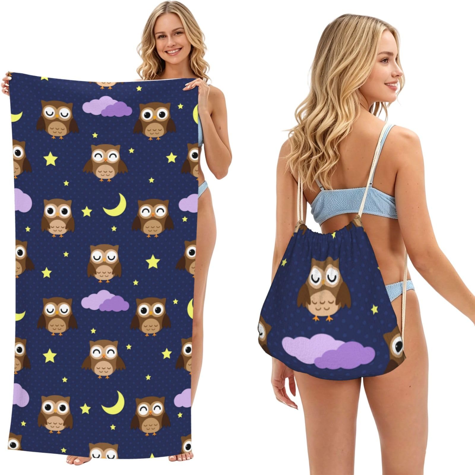 Poadnly As Picture Cartoon Owl Pattern, 2 In 1 Packable Towel Bag, Beach Towels With Drawstring Backpack For Travel Holiday Camping