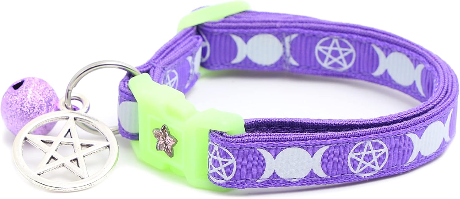 Wicca Cat Collar with Occult Charm & Bell | Witch's Familiar Cat Collar | Glow in The Dark | Safety Breakaway Collar (Small(10lbs & Less), Amethyst)