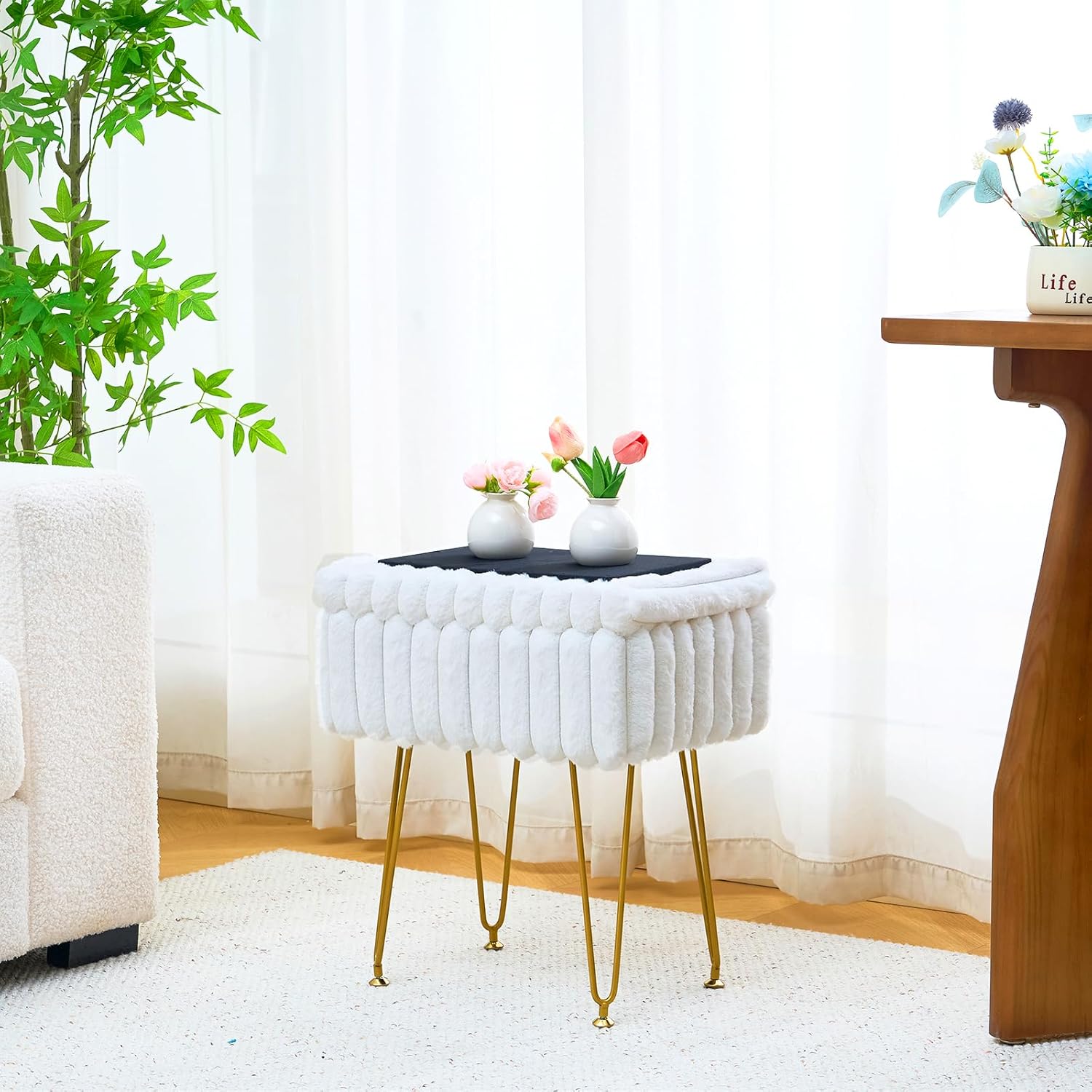 Wimarsbon Storage Ottoman, Vanity Stools with Metal Legs, 16.5" x 11.8" x 18" Modern Faux Mink Fur Footstool, Makeup Chair with Anti-Slip Feet, Accent Table,Footrest,Storage Bench for Bedroom (Cream)
