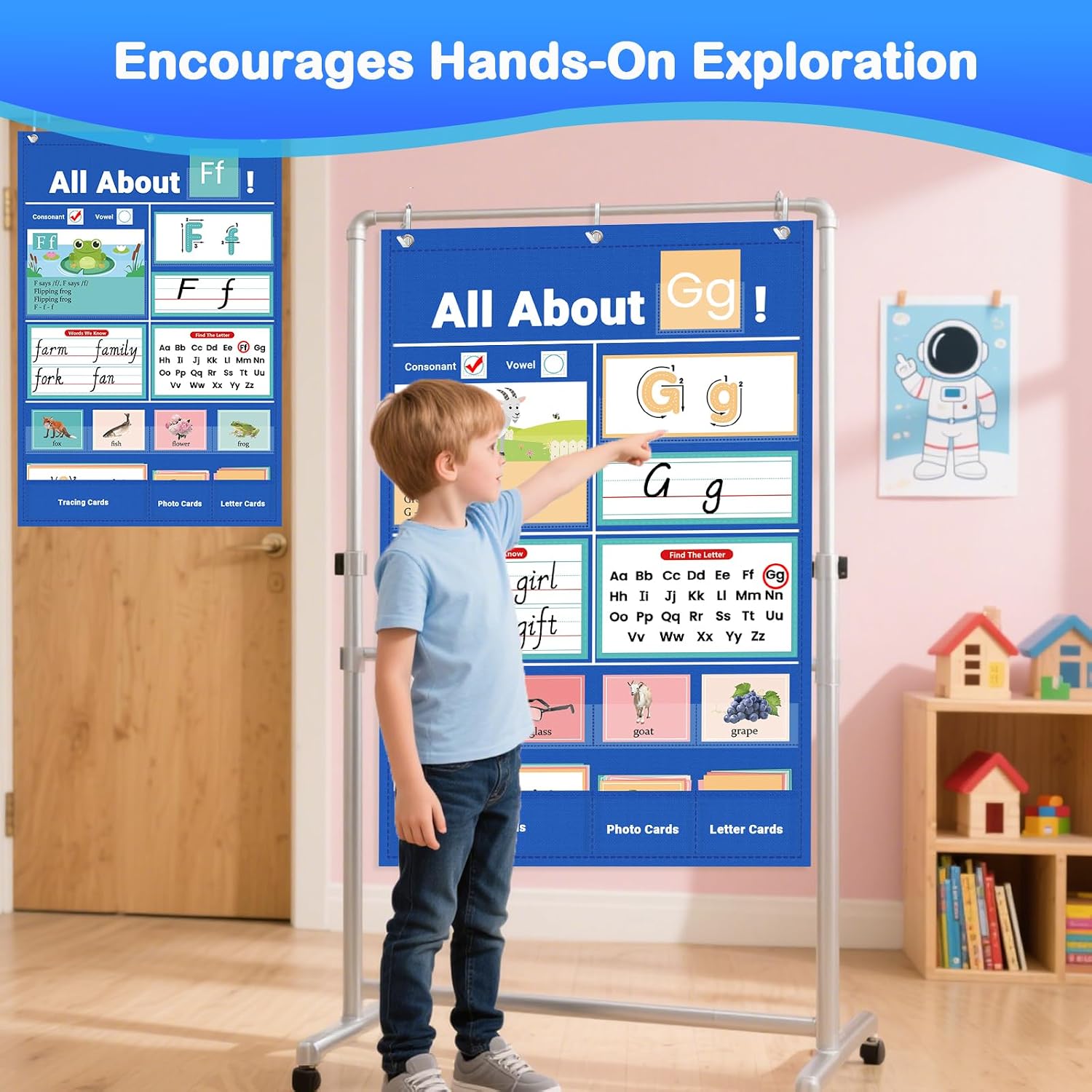 All About Letters Pocket Chart for Classroom, Alphabet Learning Wall Chart with ABC Flash Cards, 3 Over Door Hangers Included, for Homeschool Preschool Kindergarten 40" x 26", Blue