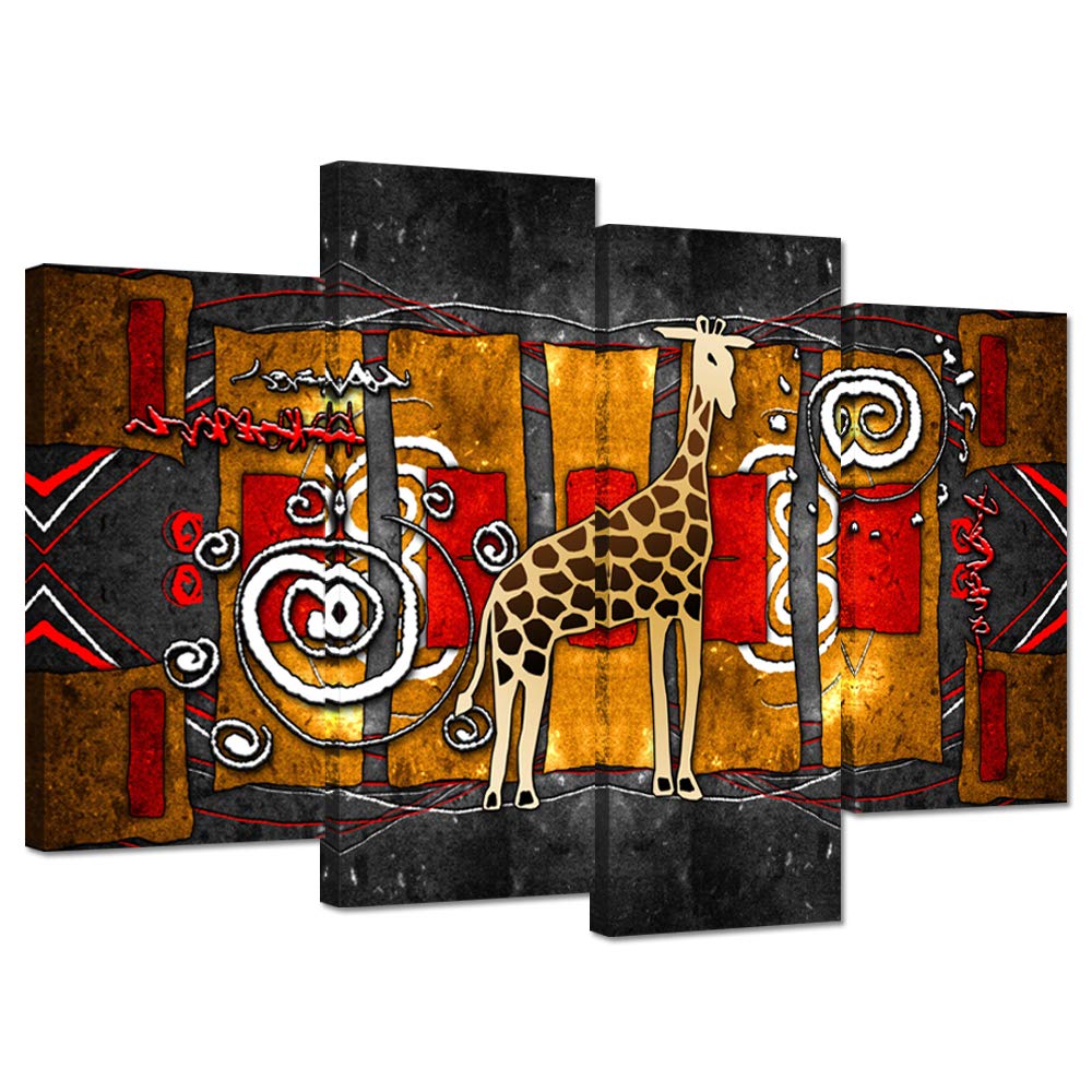 Hello Artwork 4 Panel African Ethnic Giraffe Vintage Canvas Wall Art Abstract Totem African Animals Giclee Artwork For Living Room Home Decor Ready To Hang
