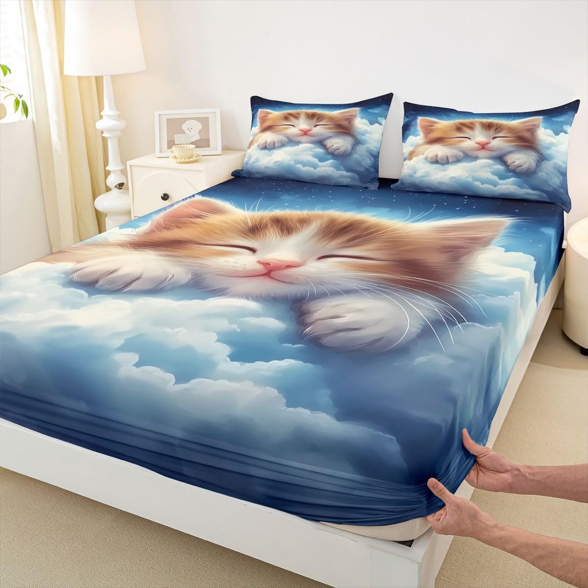 Juego de sábanas bajeras de 3 piezas tamaño King, diseño de gato naranja, acuarela, nubes, cielo, galaxia, para niños y niñas, bonita decoración de gatito durmiente, bolsillo profundo, 2 fundas de