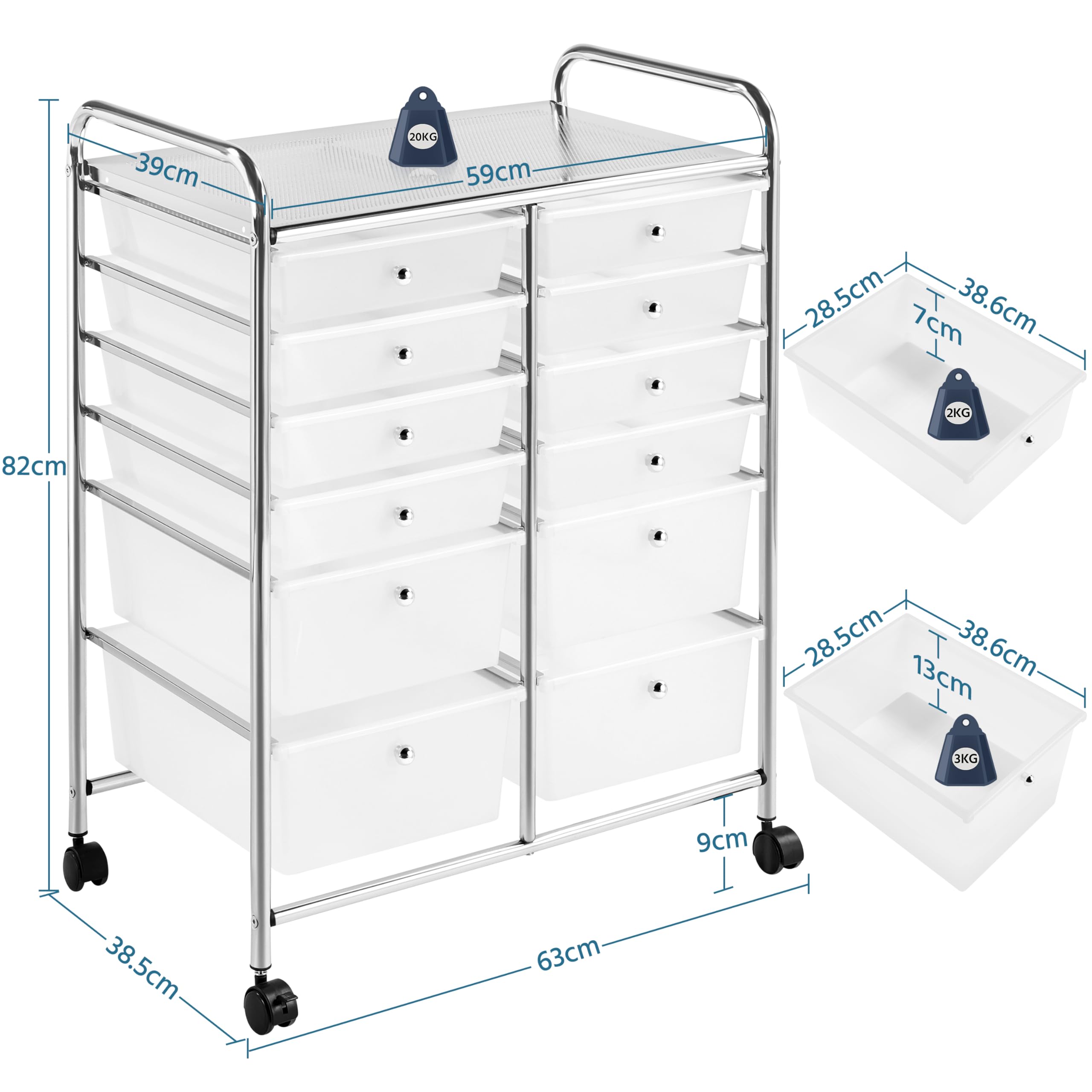 Carrello Portaoggetti Stoccaggio con 12 Cassetti Cassettiera Rimovibili in Plastica con Ruote per Ufficio Cucina Dispensa Soggiorno Bagno (Bianco)