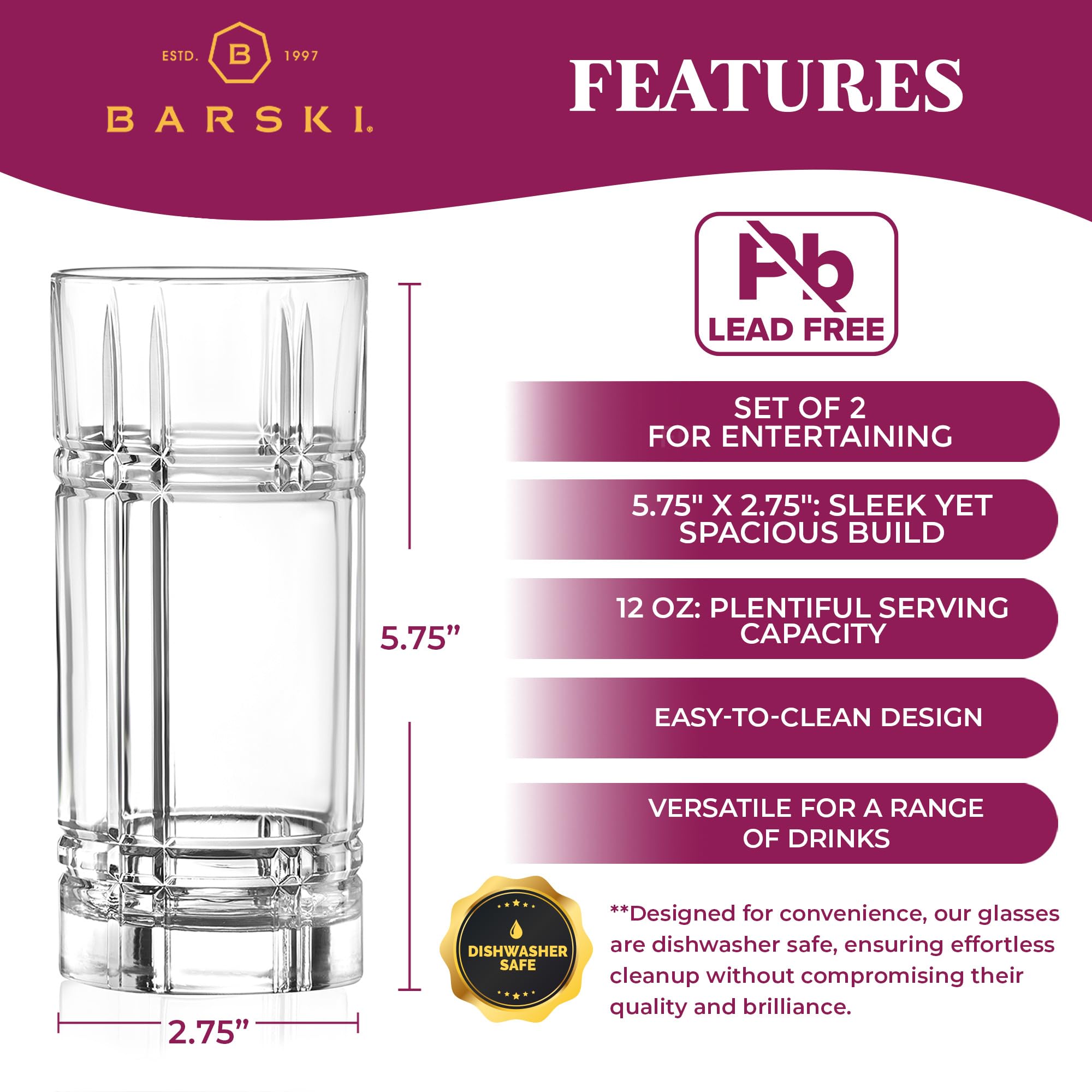 Barski Highball-Glas – Trinkgläser – 2er-Set – Hiball-Becher – Glaskristallbecher – für Wasser, Saft, Bier, gemischte Cocktails, Mojito-Glas, Tom Collins Bar Glaswaren, 340 ml, hergestellt in Europa