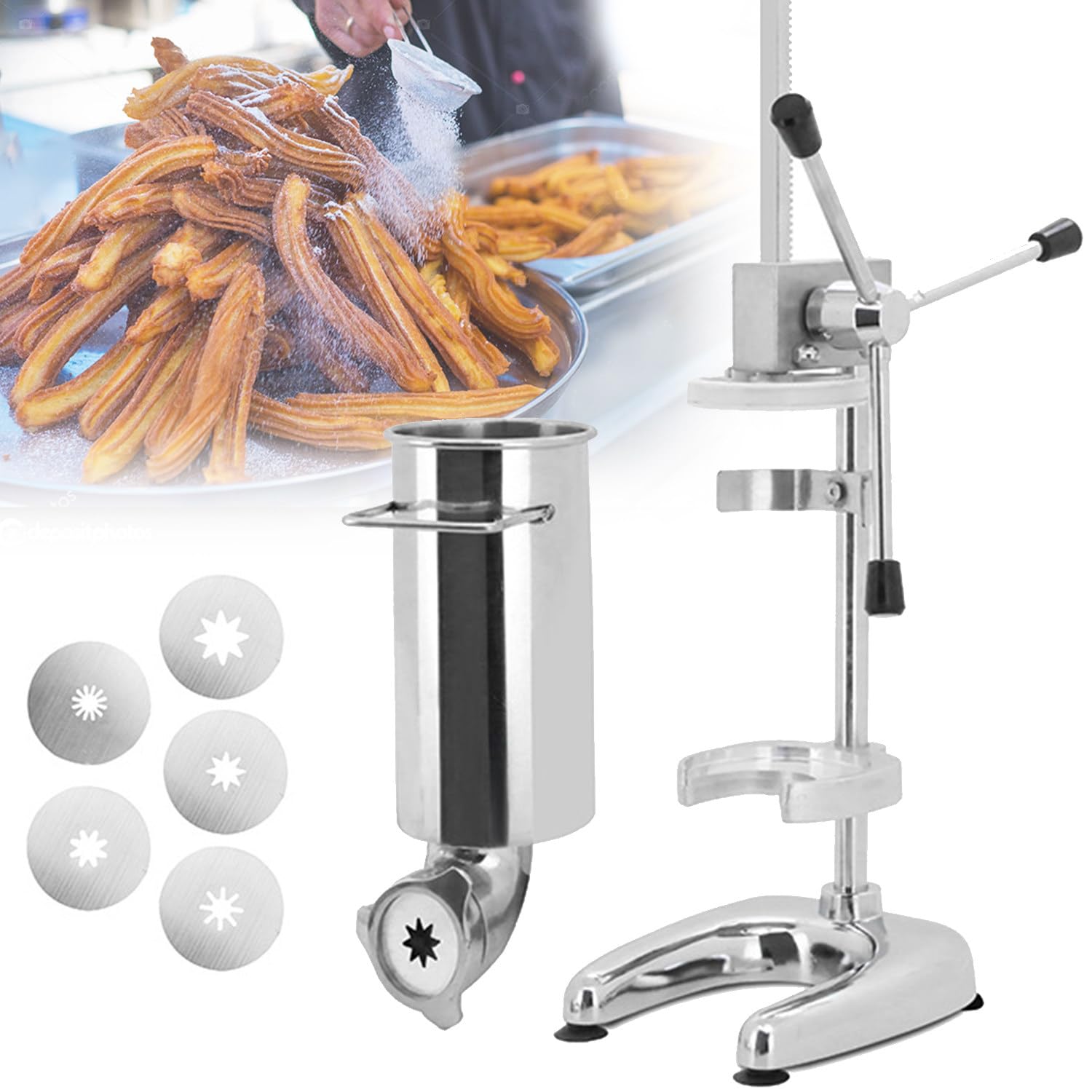 Qiang Fabricante De Churros Comercial,Máquina para Hacer Churros Rosquilla Española Manual 2l/3l con 5 Moldes,Máquina Llenado Churros Española Vertical Acero Inoxidable,3L