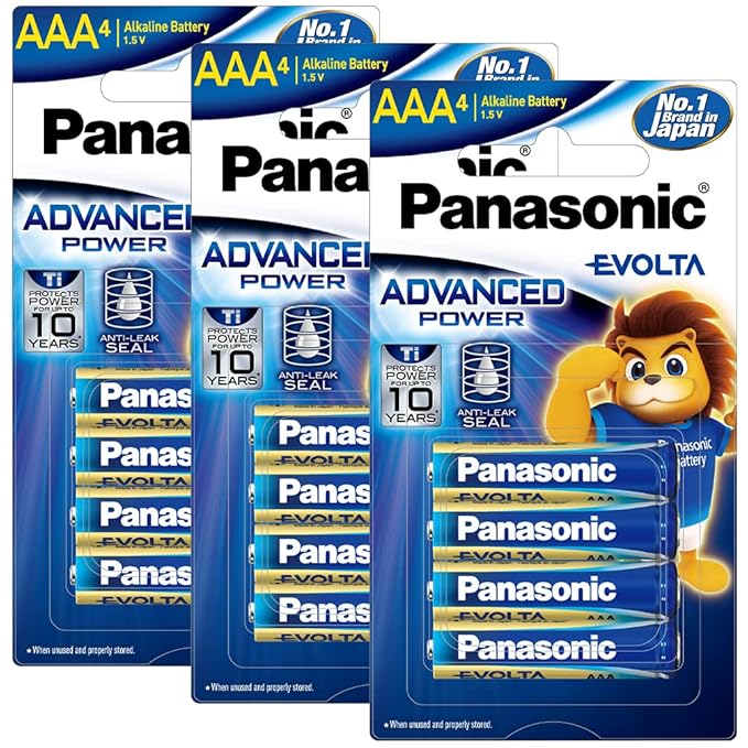 Panasonic Evolta AAA Alkaline Advanced Power, Extra Power Formula, no Mercury add, Anti-Leak Seal, Protects Power for up to 10 Years, Pack of 12 at Rs. 360