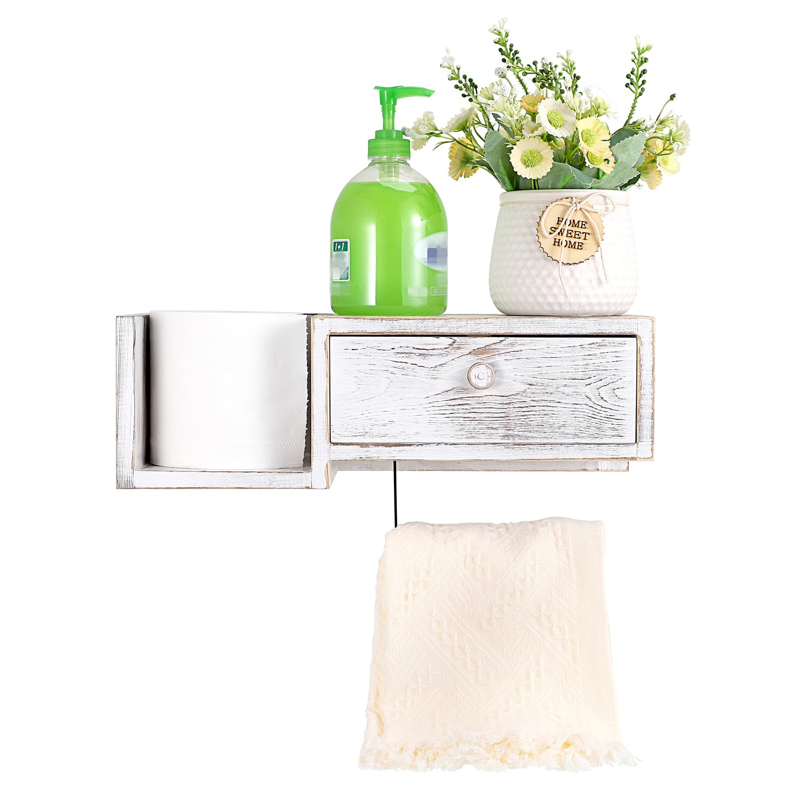 Portapapel higiénico de madera con cajón de almacenamiento, Portarrollos Papel Higiénico Estante de Pared para Cuarto de Baño, 37 x 17 x 14 cm, Color Blanco