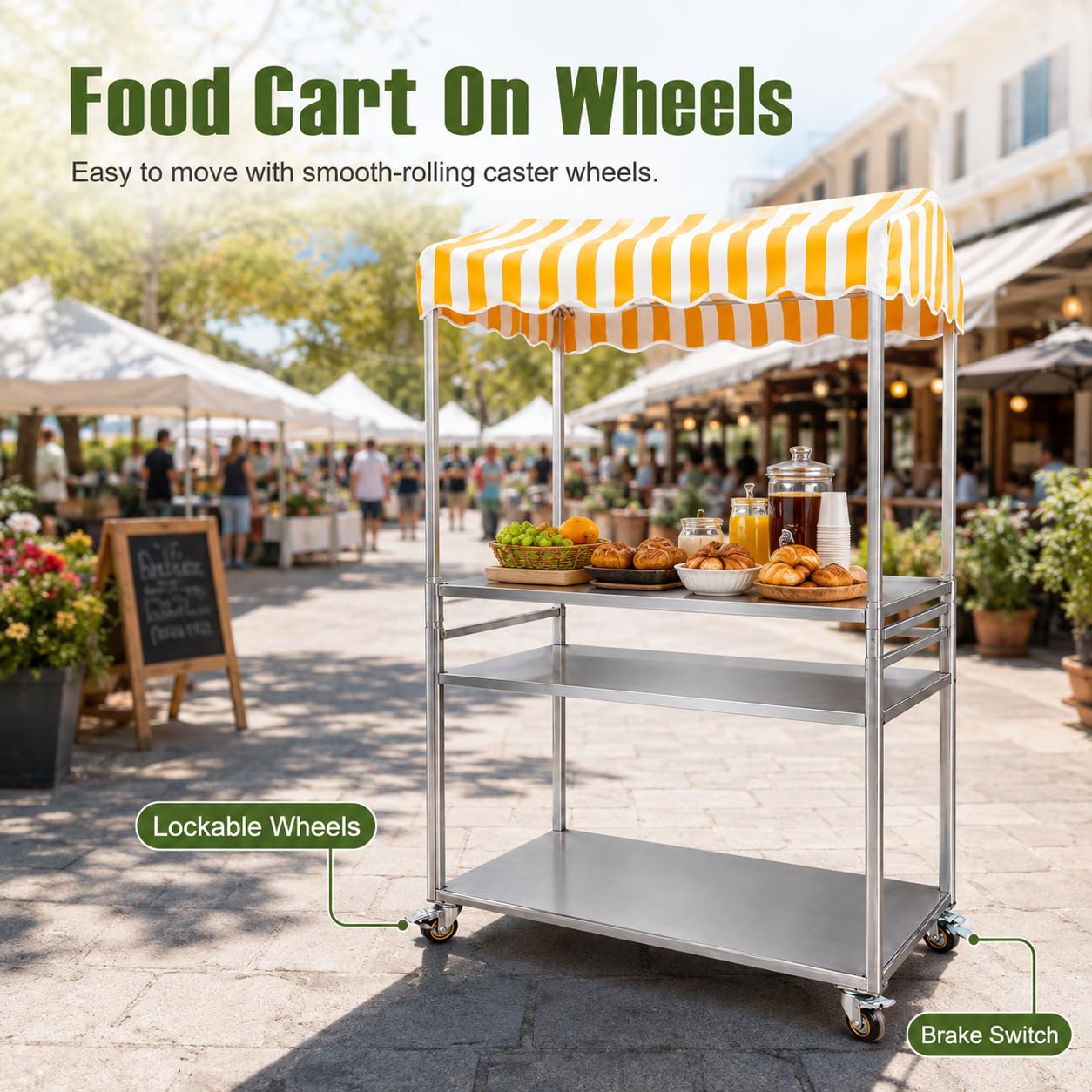 Carrello porta alimenti pieghevole zincato con ruote e tenda, giallo, 120