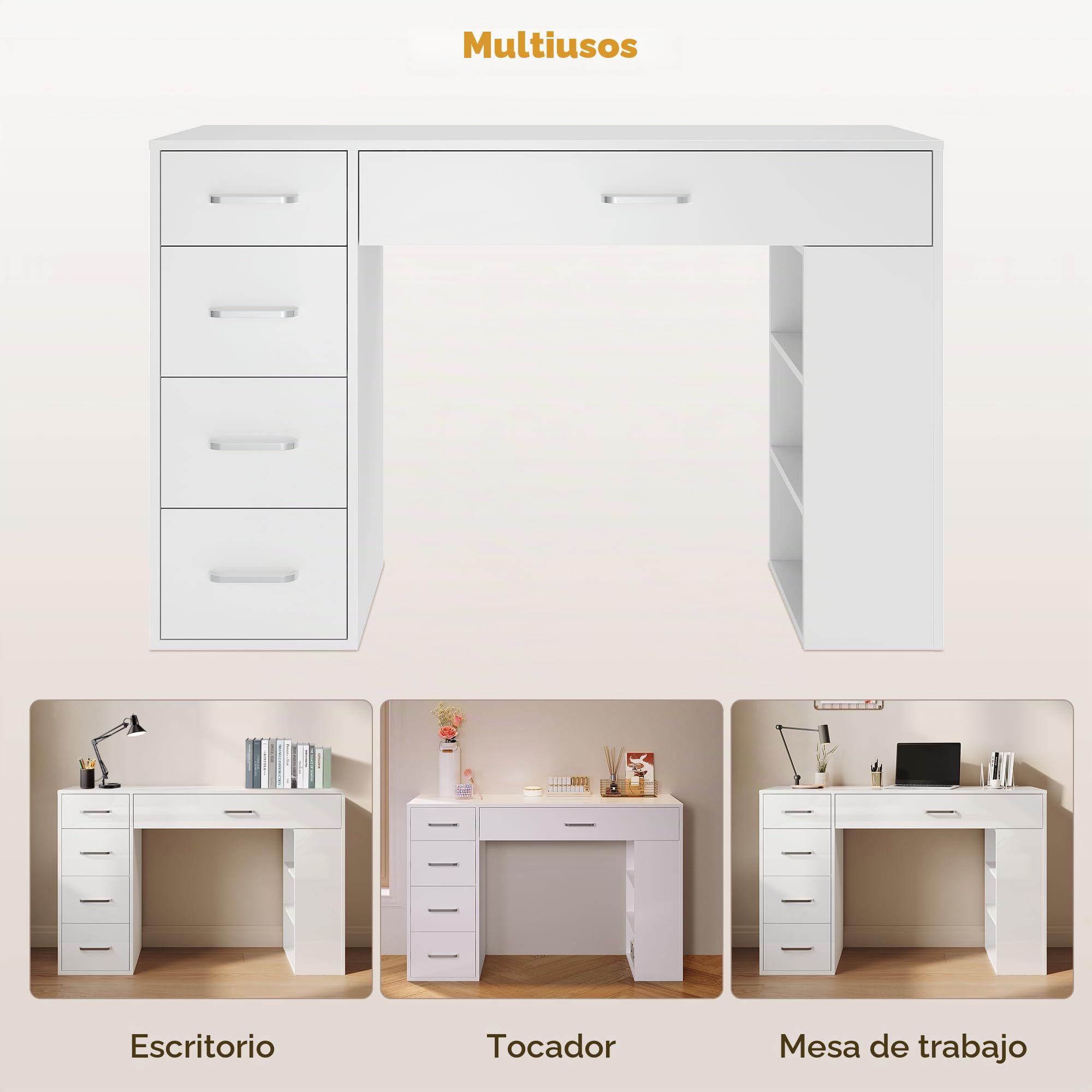 SONNI Escritorio, mesa de ordenador, mesa de oficina, tocador multifunción con 5 cajones y 3 compartimentos, mesa de trabajo moderna y escritorio infantil con espacio de almacenamiento, mesa, blanco