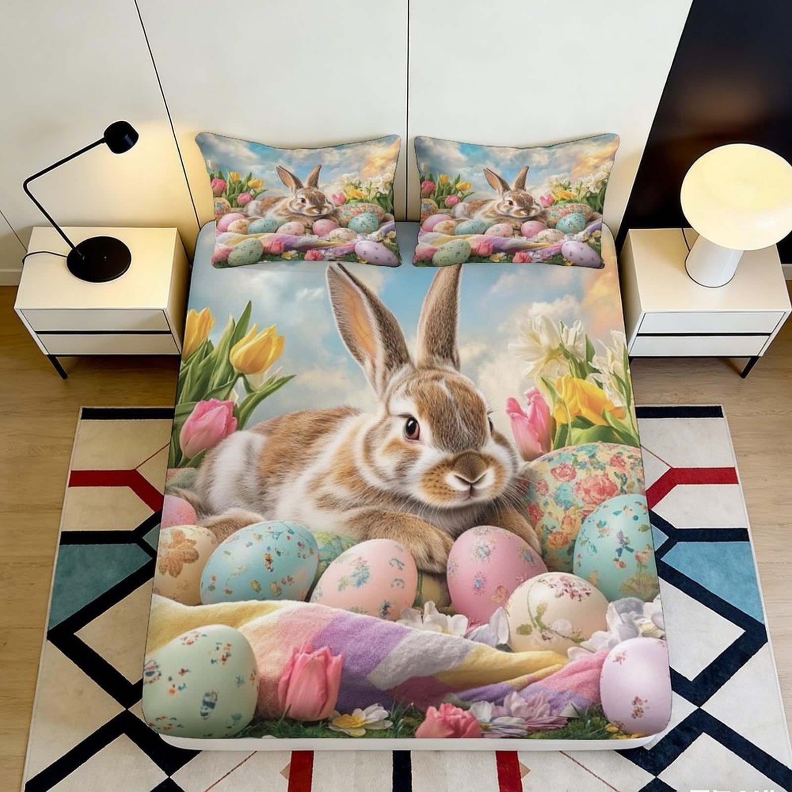 3D Printed Easter Bunny Fitted Sheet Microfiber Soft Pastel Egg Mattress Cover for Bedroom Guest Room Decor 90x200x25cm
