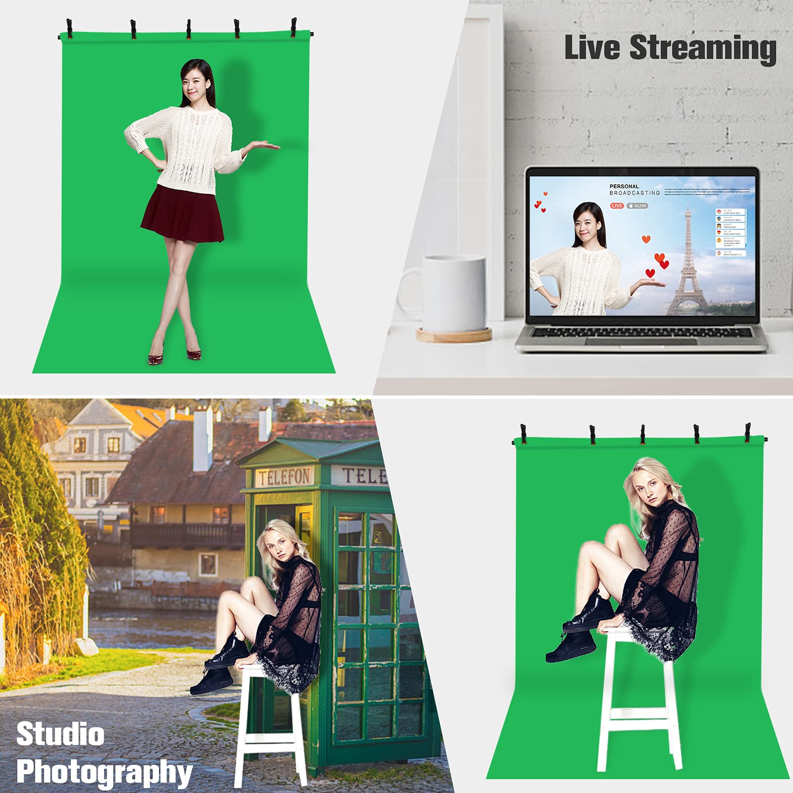 Andoer Andoer - Kit per fotografia di sfondo a tinta unita, 1,2 x 1,2 m, con supporto regolabile a forma di T, 1,2 x 1,2 m, 5 morsetti a molla verde