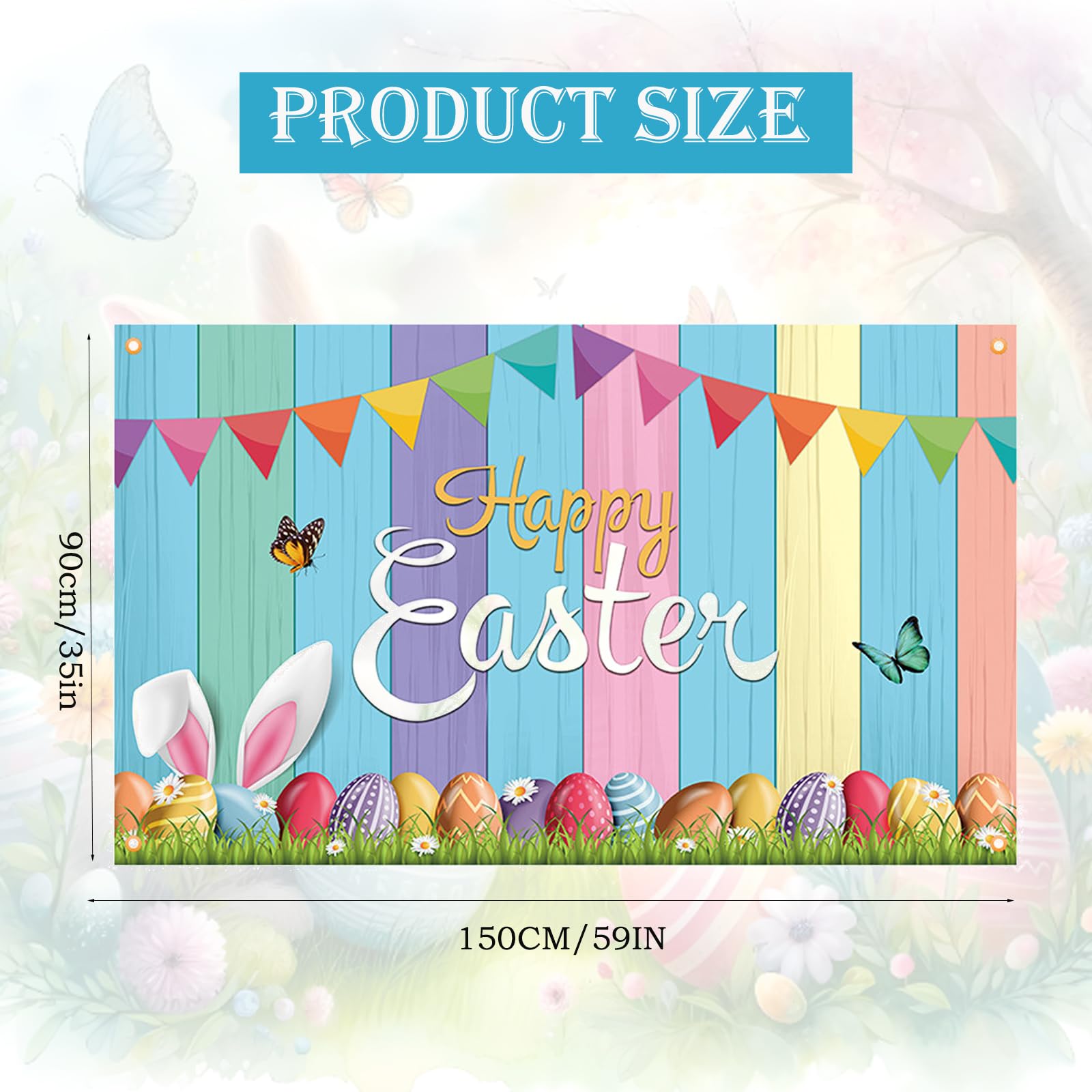 HattusaShield Happy Easter Banner Decorations,150 x 90cm Easters Backdrops with Eggs Rabbit Bunny with Eyelets - Image 2