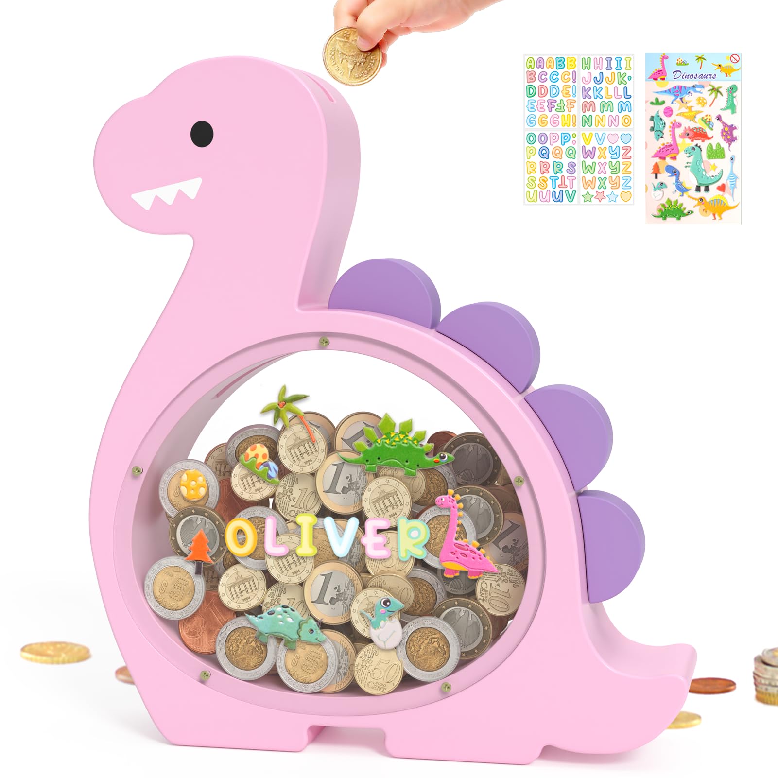 Summidate Wooden Dinosaur Piggy Bank for Kids Boys, Cute Wood Dino Money Bank for Toddlers, Creative Saving Coin Jar, Personalized Present for Child Birthday & Decor