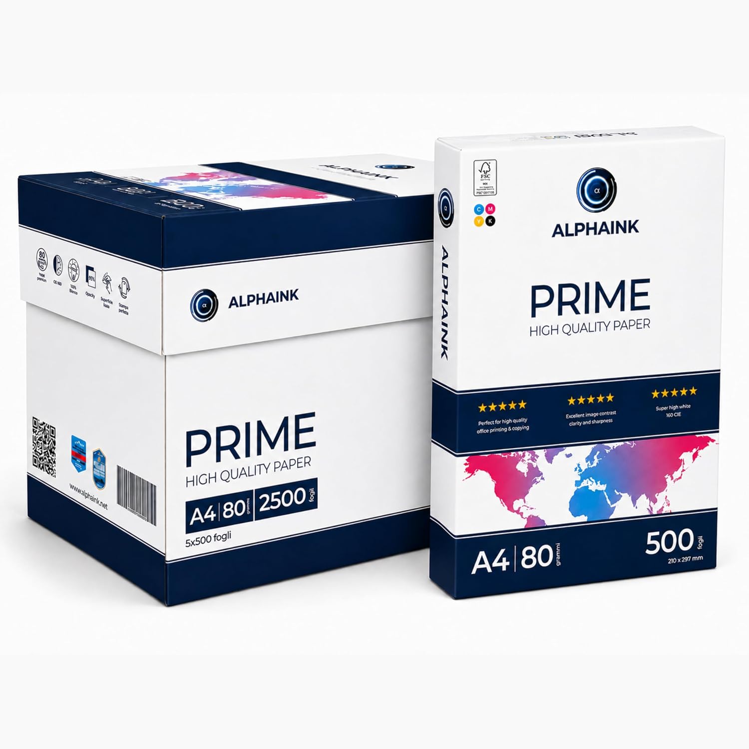 Alphaink Carta A4 80gr Dichiarata, 5 Risme da 500 Fogli, 2500 Fogli per Stampante Laser Inkjet e Fotocopie, CIE 160, FSC, Ecolabel, ISO 9706