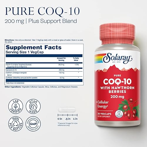 Miniatura 2 de SOLARAY Pure CoQ-10 200 mg | Función cardíaca saludable y apoyo de energía celular | Mejorado con mezcla de hierbas | 30 cápsulas vegetales